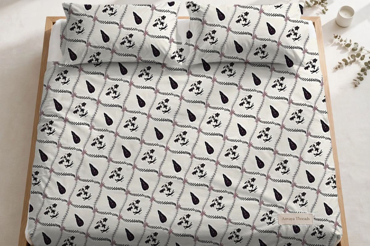 Patti Jaal Jamun bedsheet seen from above, with the pillow covers at the head of the bed
