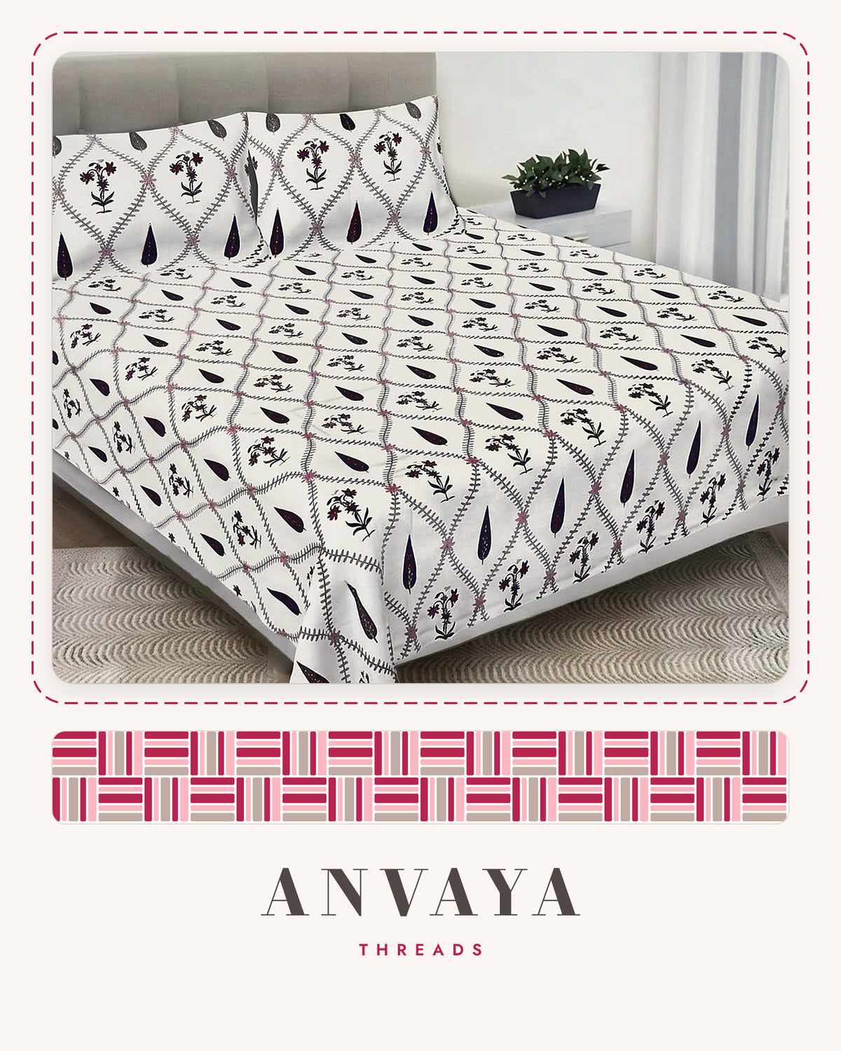 Patti Jaal Jamun bedsheet set, a flat sheet and two pillow covers, on a bed