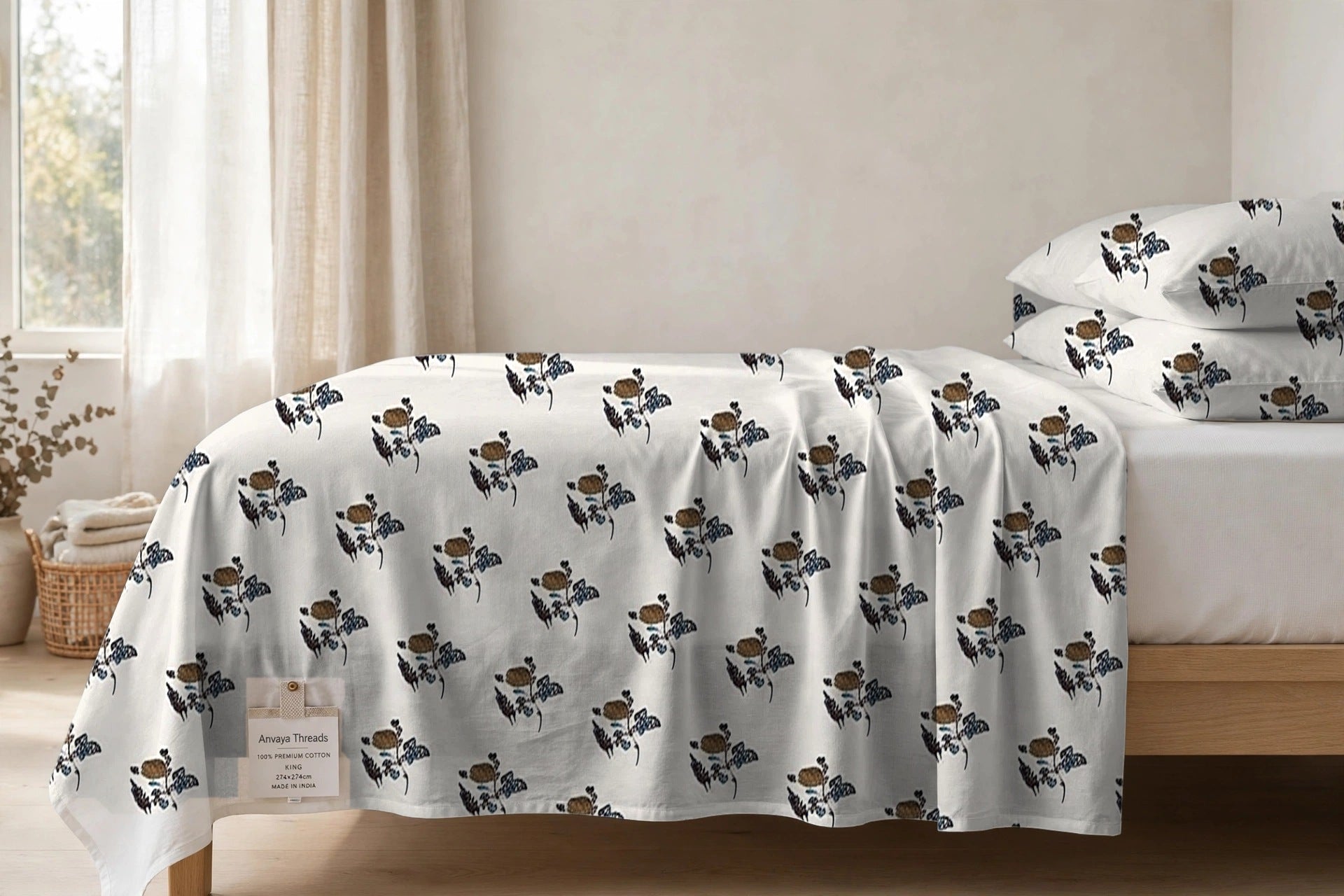 Gulab Kali Firoza bedsheet seen from the side, falling over the edge of the bed