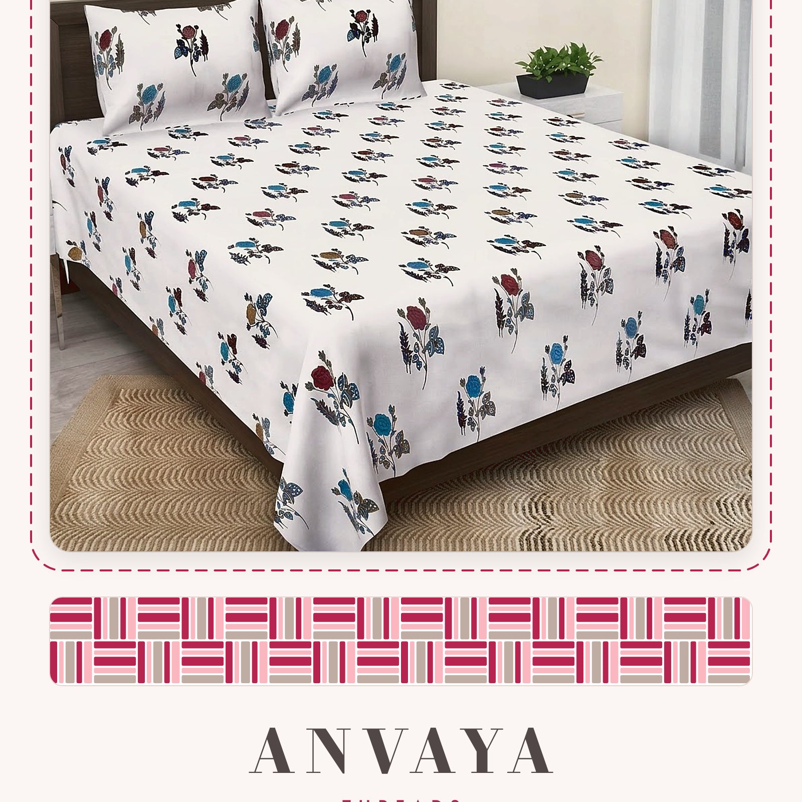 Gulab Kali Firoza bedsheet set, a flat sheet and two pillow covers, on a bed
