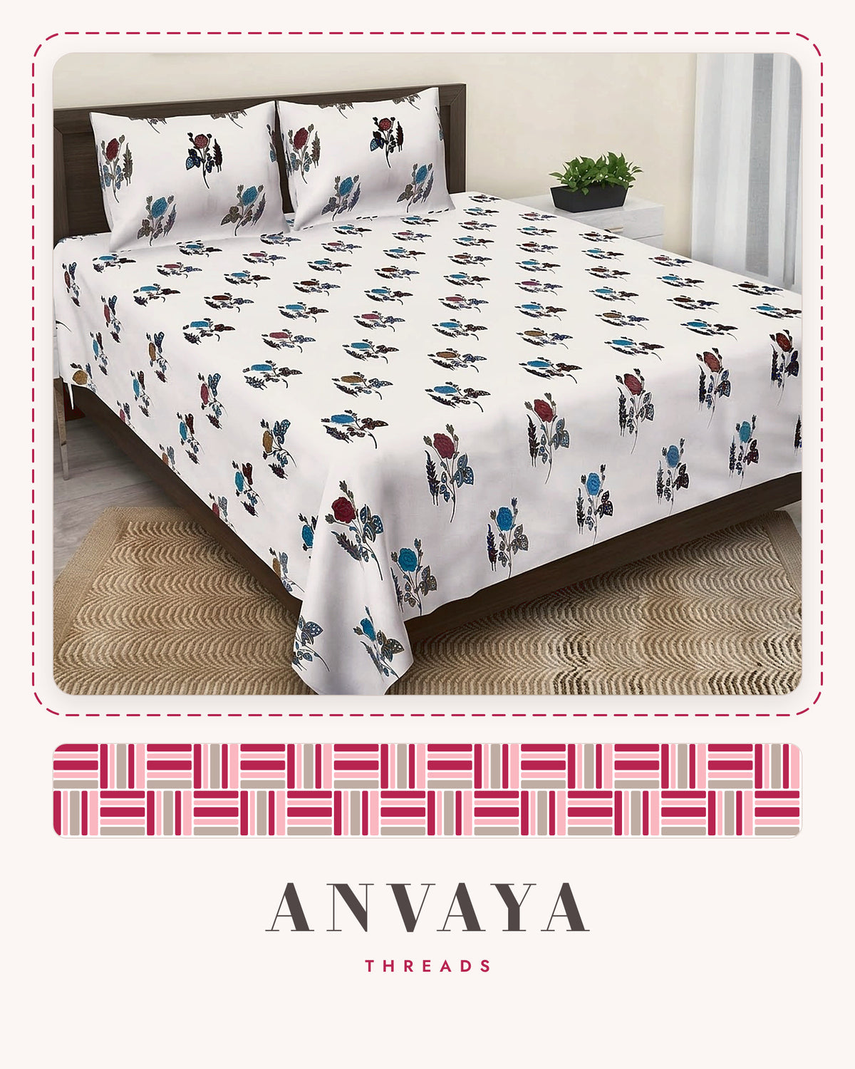 Gulab Kali Firoza bedsheet set, a flat sheet and two pillow covers, on a bed