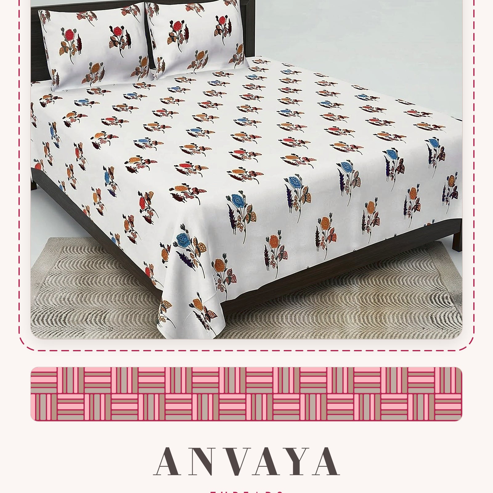 Gulab Kali Rangoli bedsheet set, a flat sheet and two pillow covers, on a bed