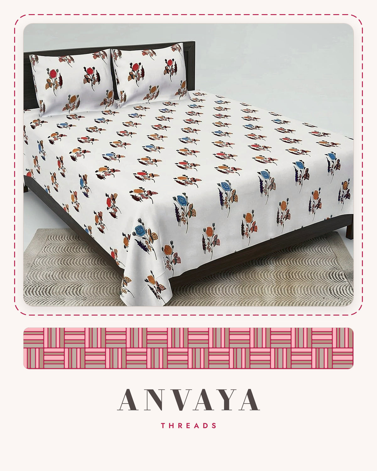 Gulab Kali Rangoli bedsheet set, a flat sheet and two pillow covers, on a bed