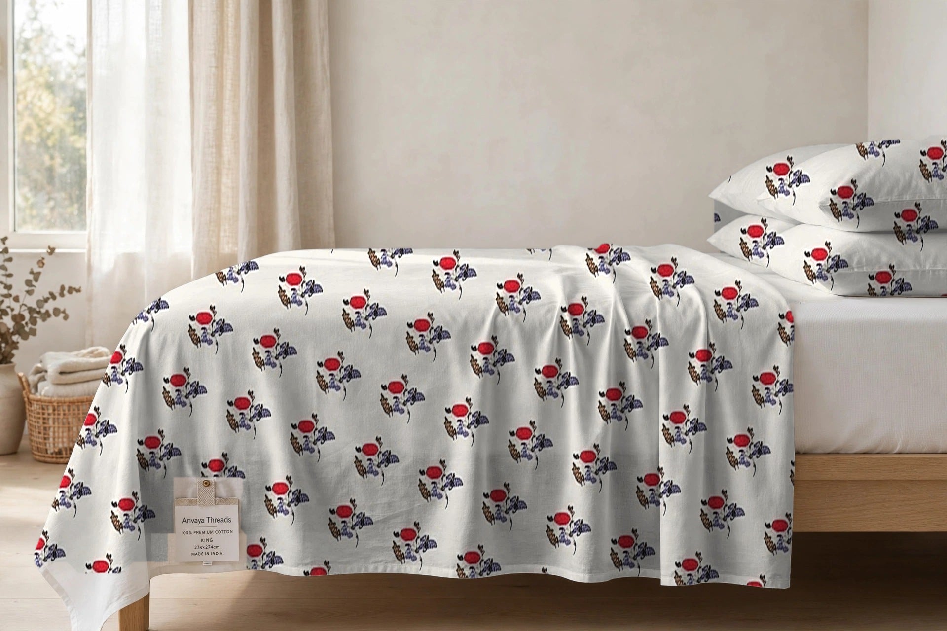 Gulab Kali Neel bedsheet seen from the side, falling over the edge of the bed