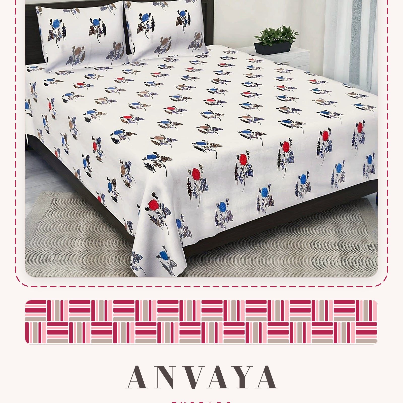Gulab Kali Neel bedsheet set, a flat sheet and two pillow covers, on a bed