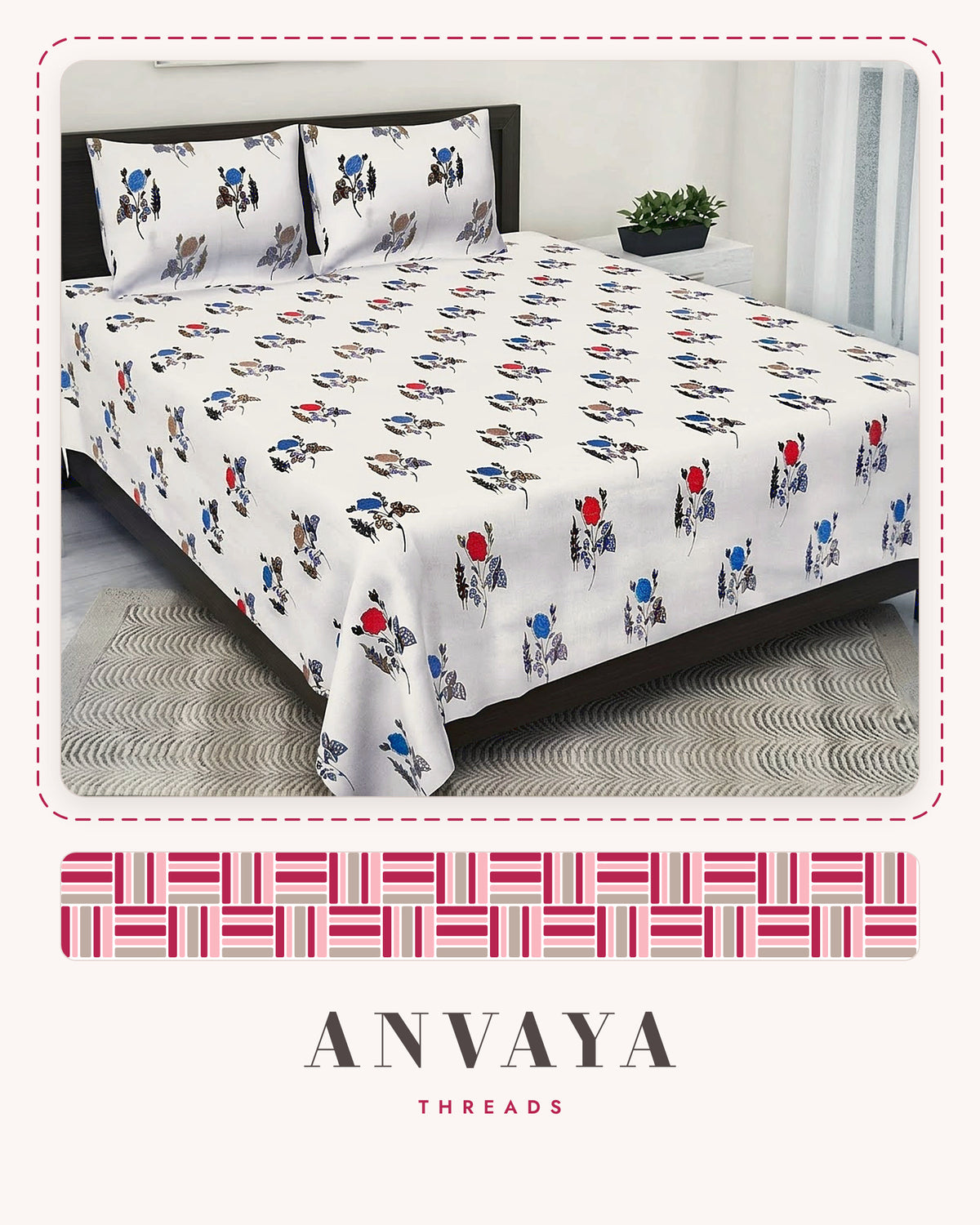 Gulab Kali Neel bedsheet set, a flat sheet and two pillow covers, on a bed