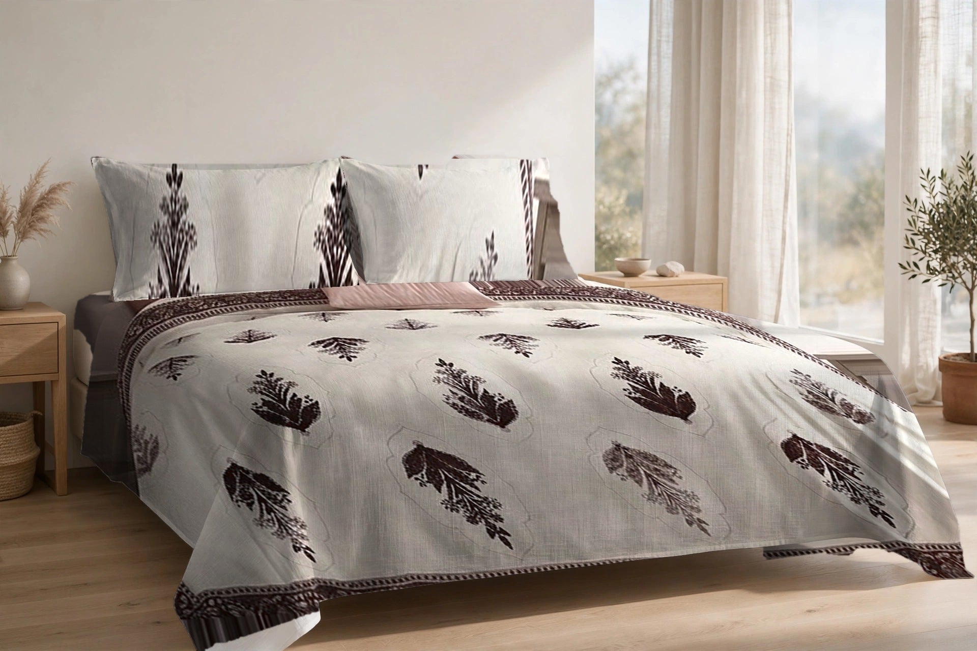 Mehrab Booti Kaapi cotton bedsheet on a made king bed, with matching pillow covers