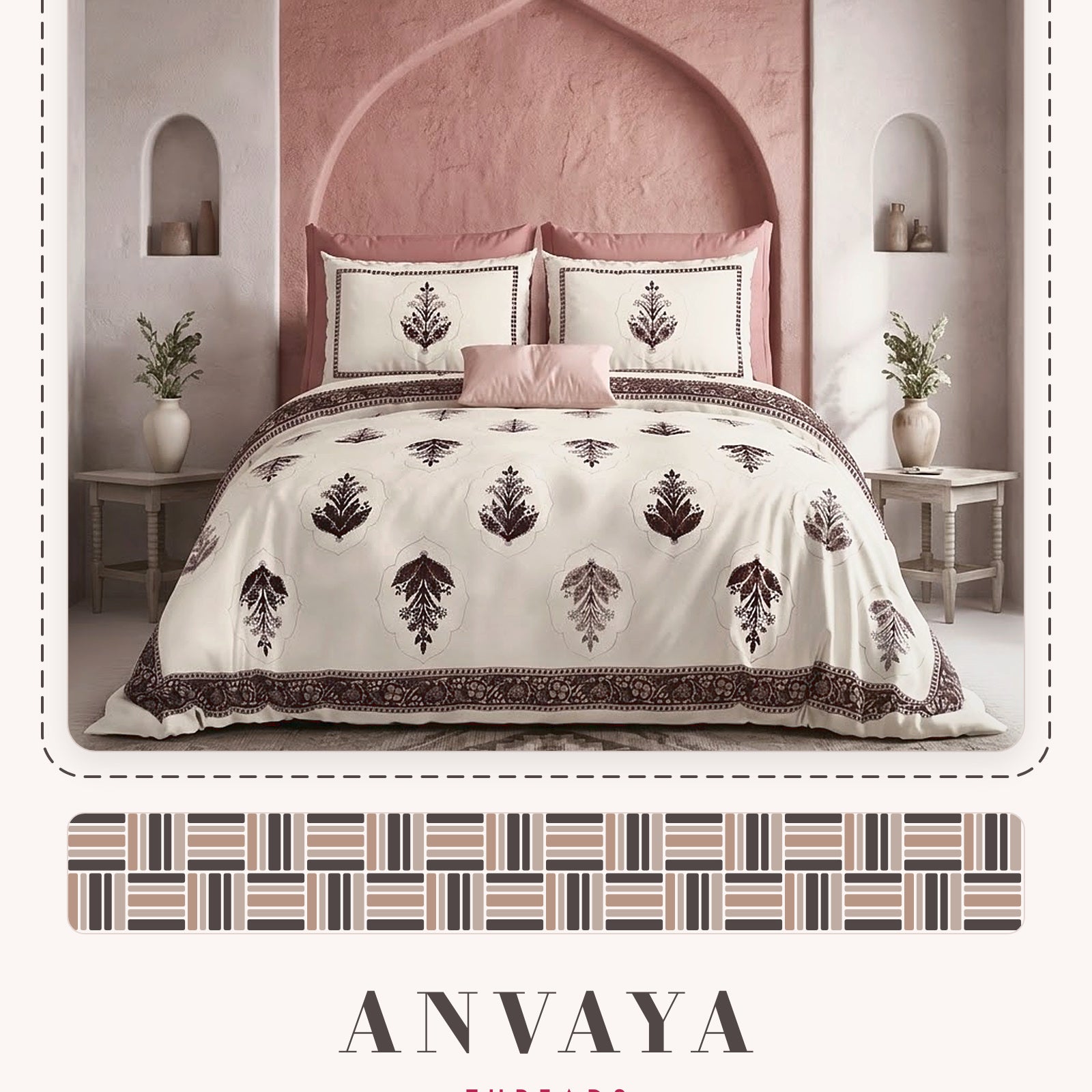 Mehrab Booti Kaapi bedsheet set, a flat sheet and two pillow covers, on a bed