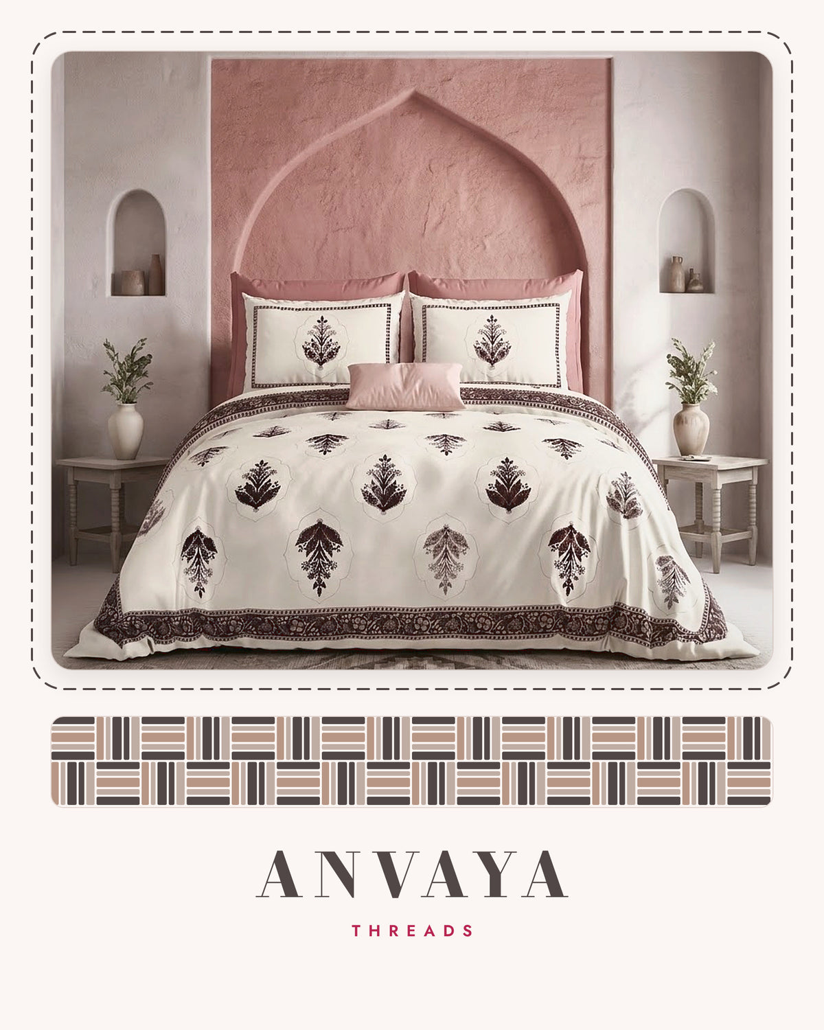 Mehrab Booti Kaapi bedsheet set, a flat sheet and two pillow covers, on a bed
