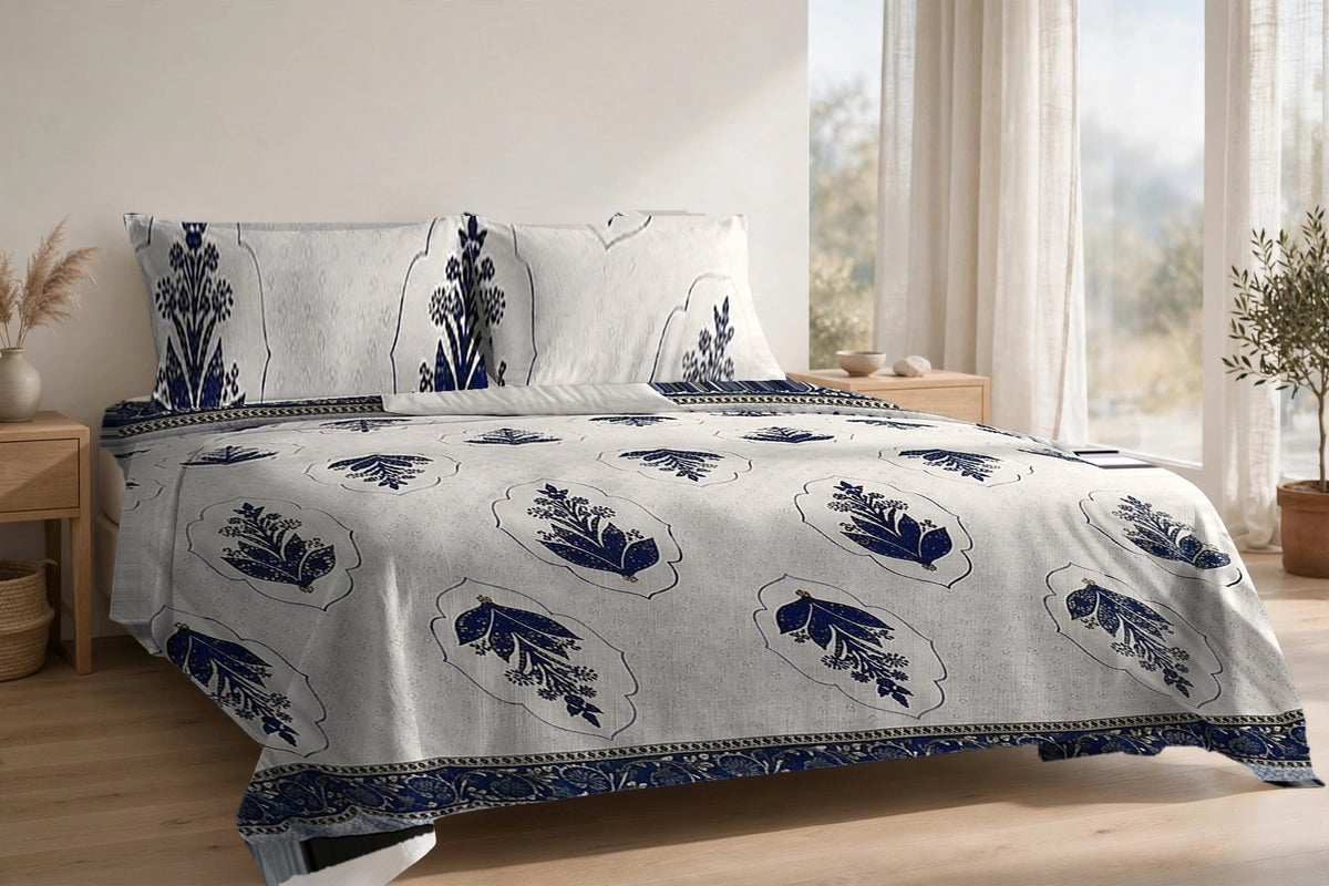 Mehrab Booti Neel cotton bedsheet on a made king bed, with matching pillow covers