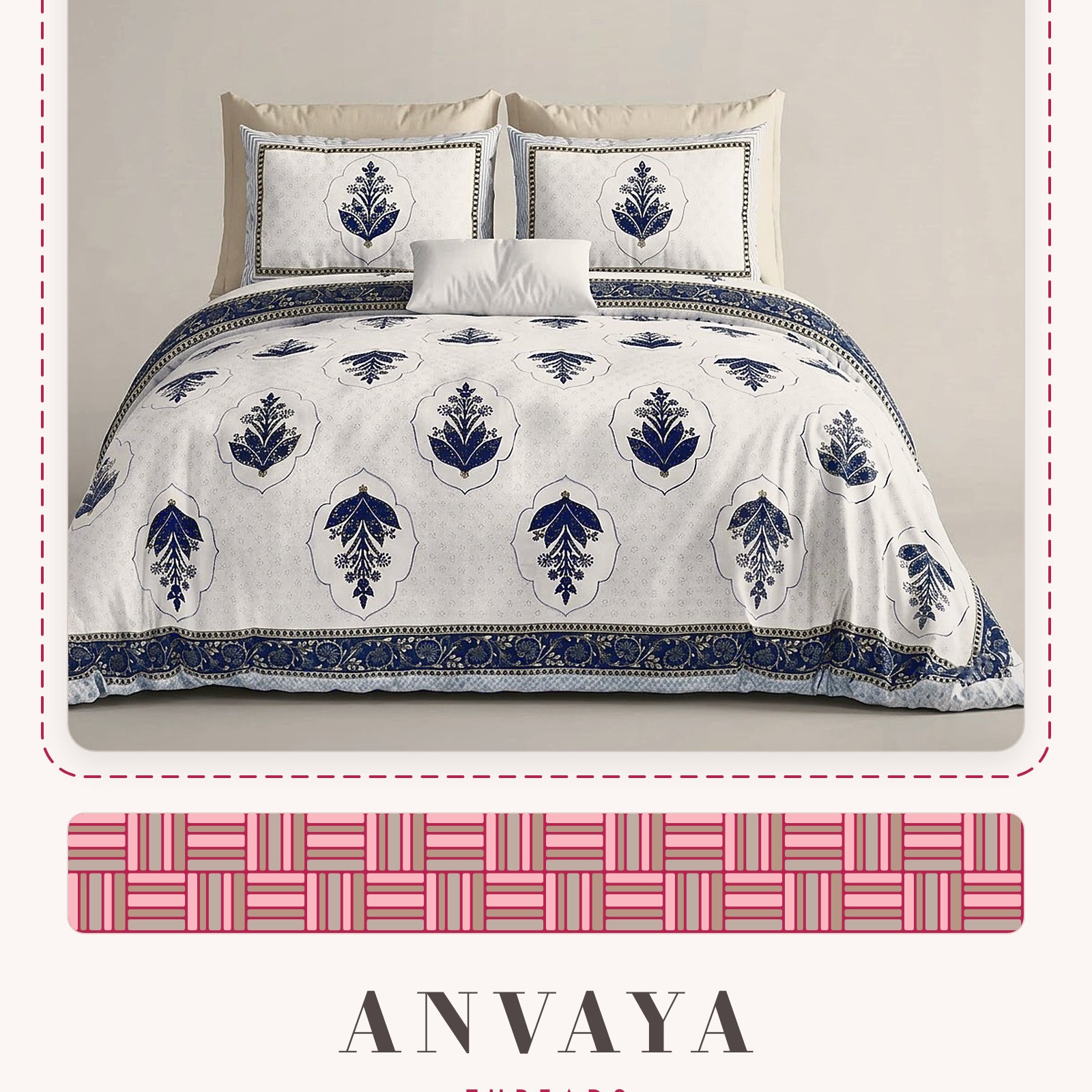 Mehrab Booti Neel bedsheet set, a flat sheet and two pillow covers, on a bed