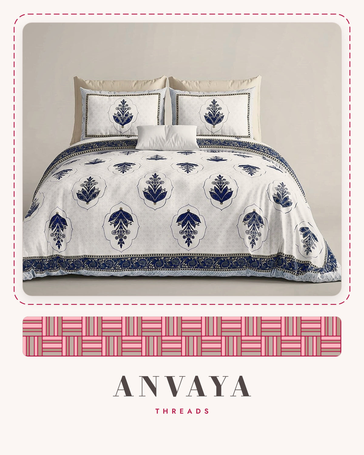 Mehrab Booti Neel bedsheet set, a flat sheet and two pillow covers, on a bed