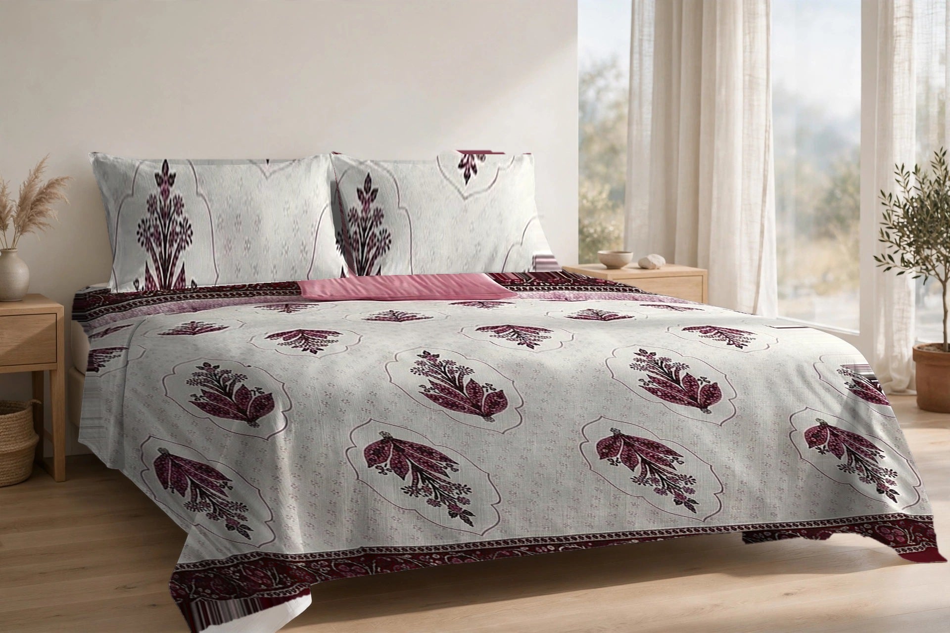 Mehrab Booti Anar cotton bedsheet on a made king bed, with matching pillow covers