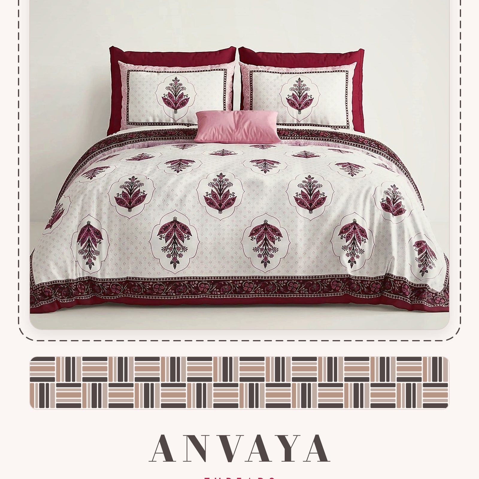 Mehrab Booti Anar bedsheet set, a flat sheet and two pillow covers, on a bed