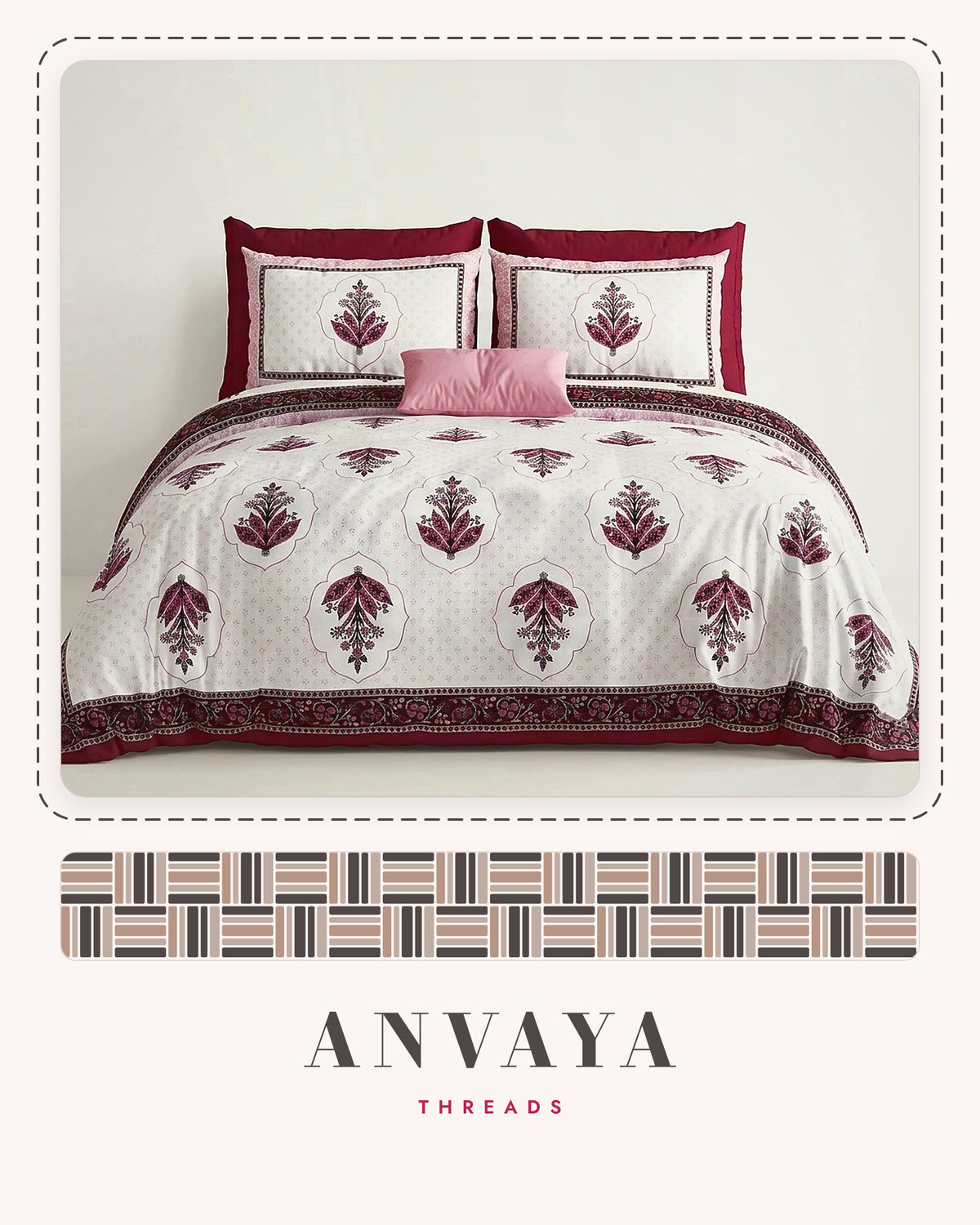 Mehrab Booti Anar bedsheet set, a flat sheet and two pillow covers, on a bed
