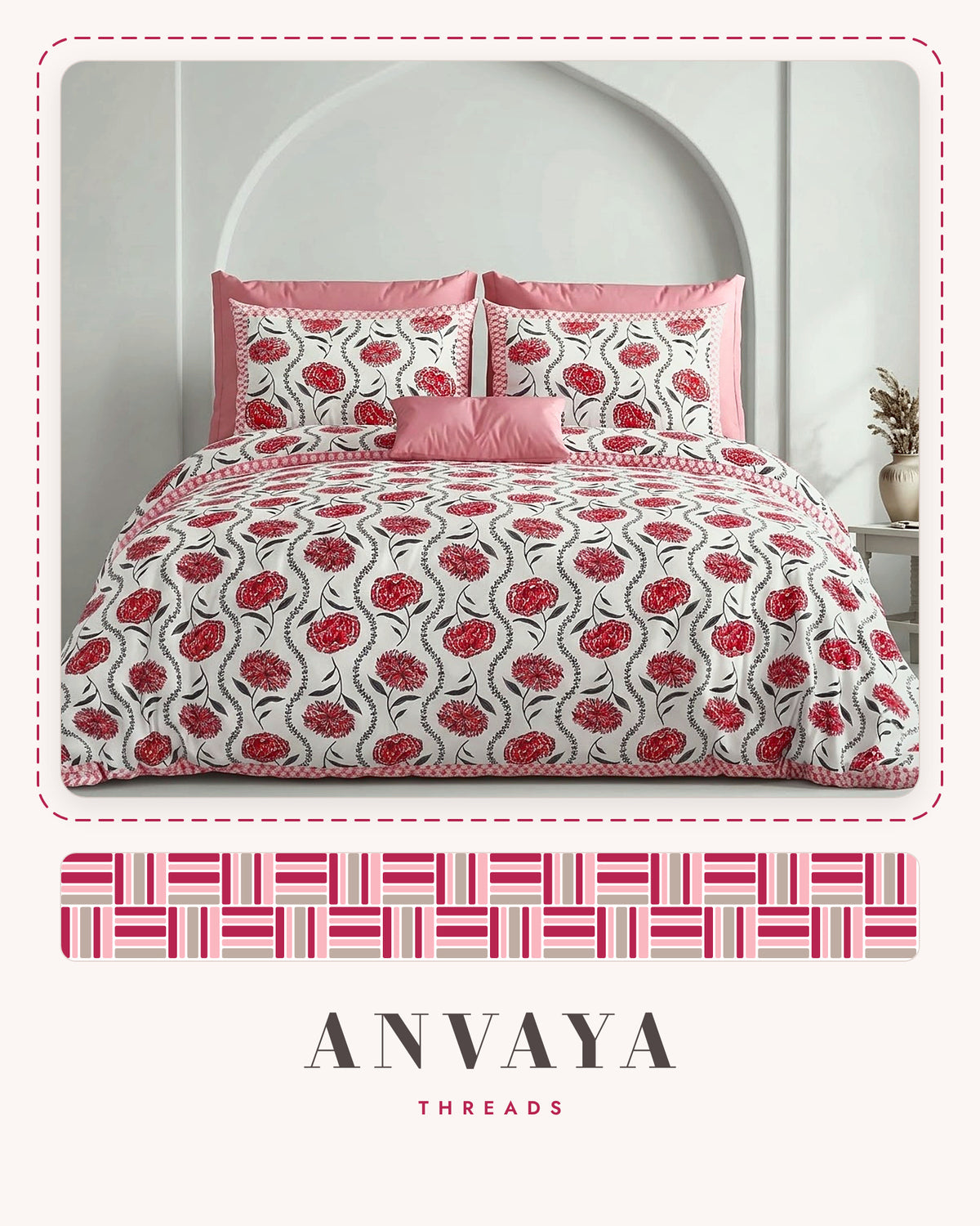 Gulab Bel Anar bedsheet set, a flat sheet and two pillow covers, on a bed