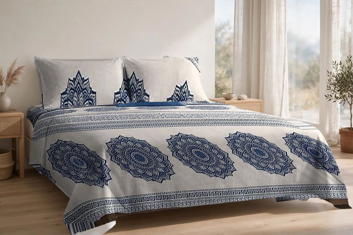 Chakra Mandala Neel cotton bedsheet on a made king bed, with matching pillow covers