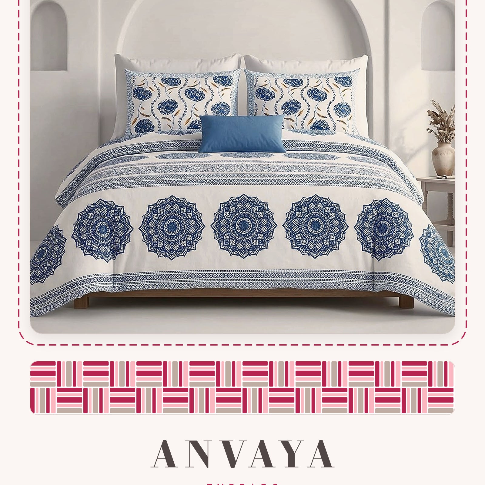 Chakra Mandala Neel bedsheet set, a flat sheet and two pillow covers, on a bed