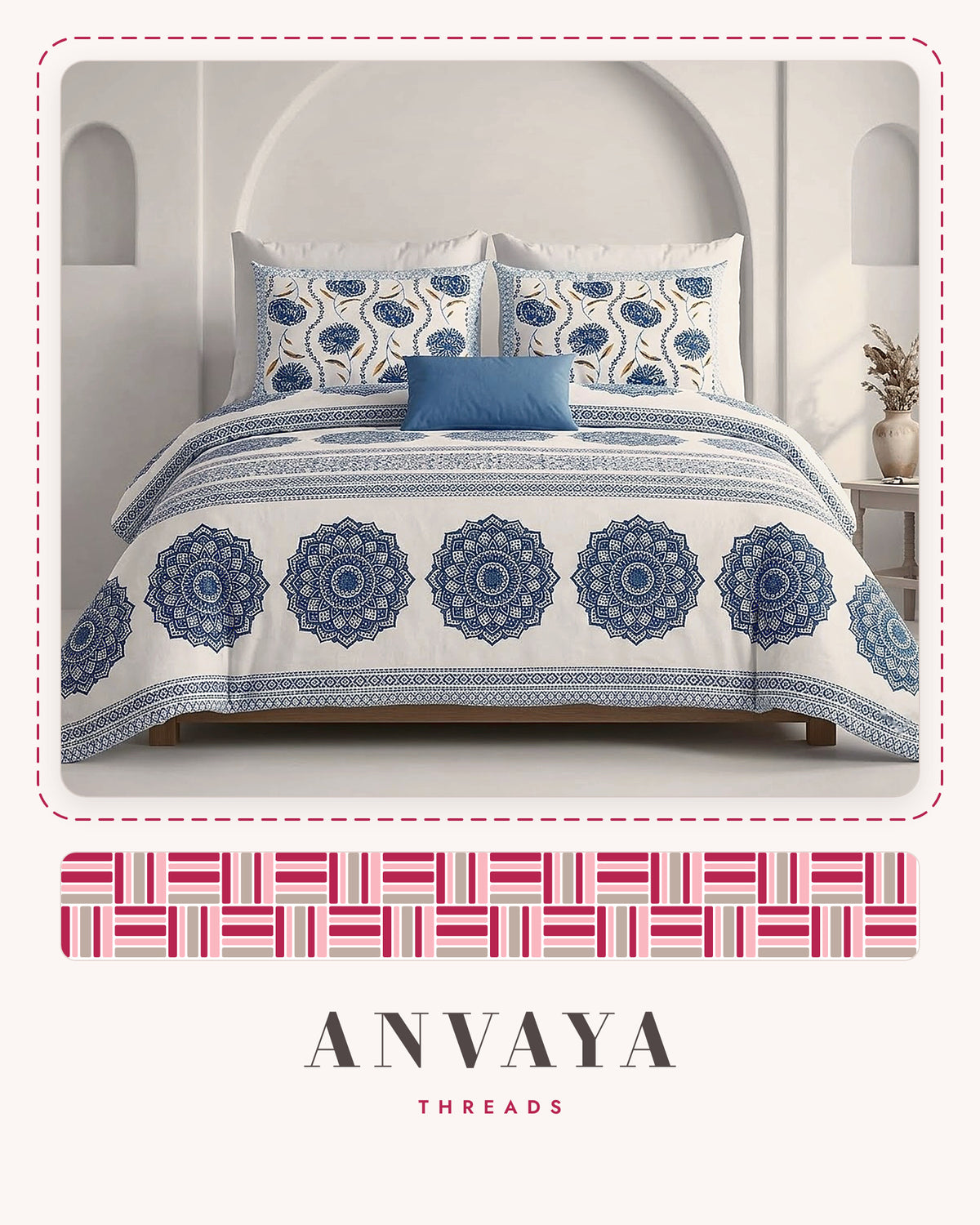 Chakra Mandala Neel bedsheet set, a flat sheet and two pillow covers, on a bed
