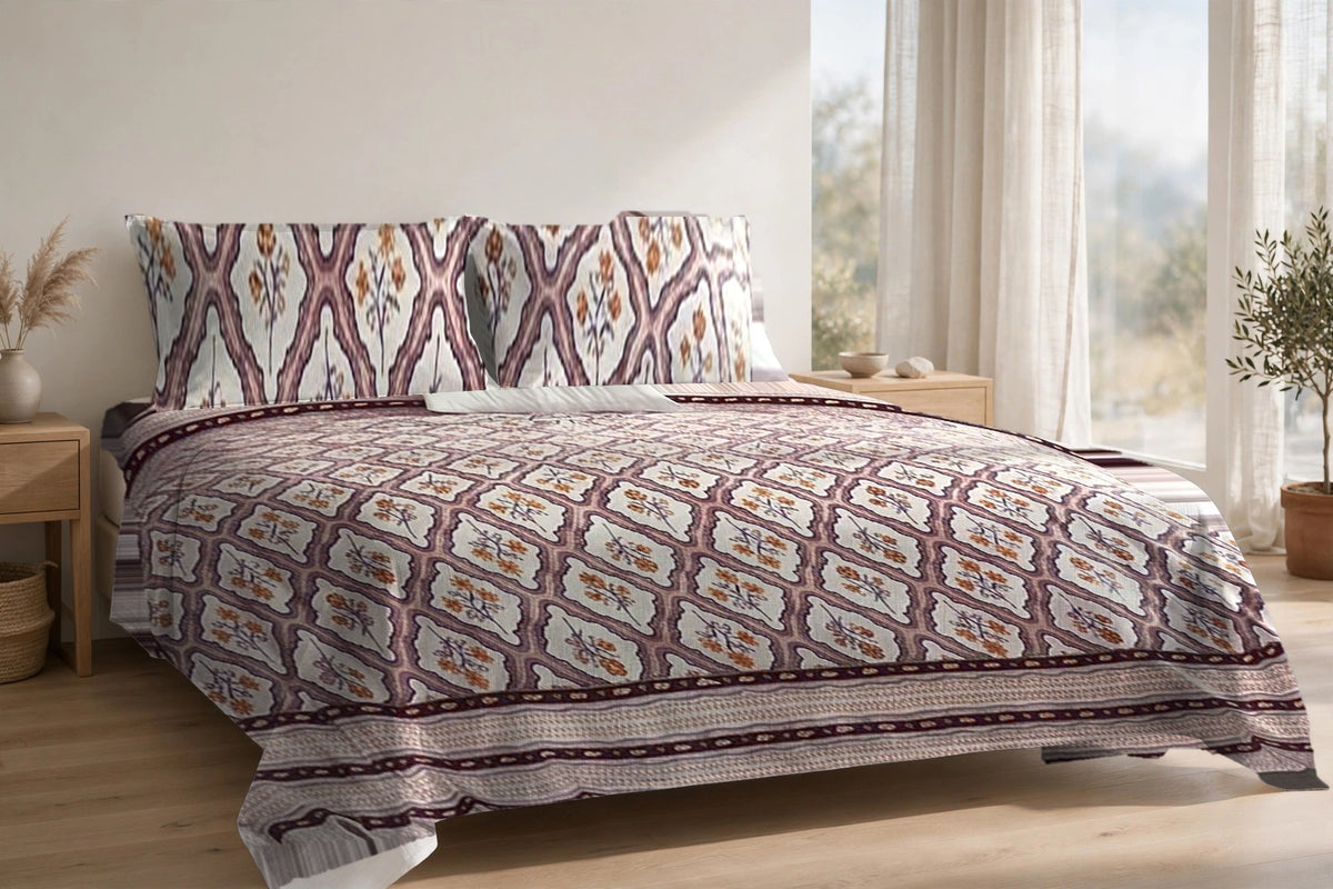 Jharokha Jaal Gulab cotton bedsheet on a made king bed, with matching pillow covers
