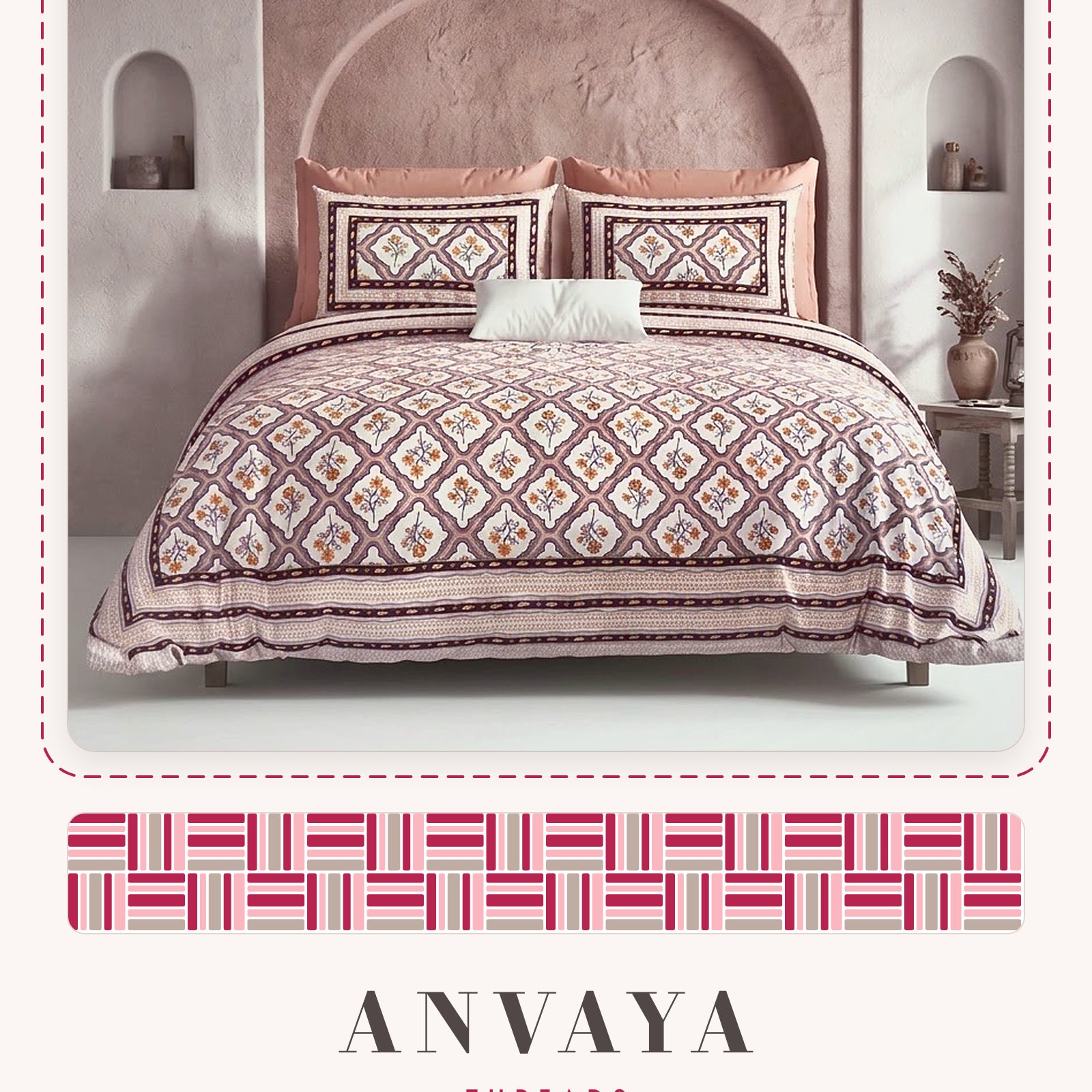 Jharokha Jaal Gulab bedsheet set, a flat sheet and two pillow covers, on a bed