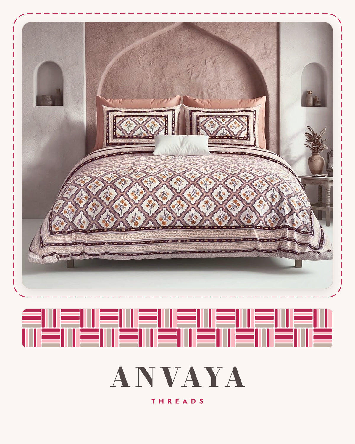Jharokha Jaal Gulab bedsheet set, a flat sheet and two pillow covers, on a bed
