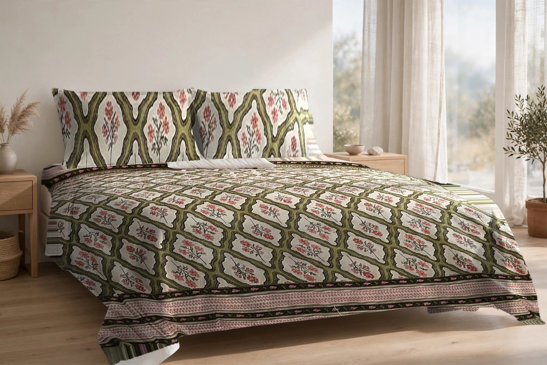 Jharokha Jaal Mehndi cotton bedsheet on a made king bed, with matching pillow covers