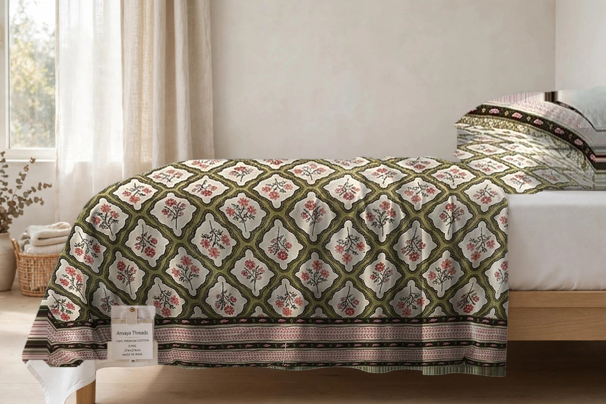 Jharokha Jaal Mehndi bedsheet seen from the side, falling over the edge of the bed