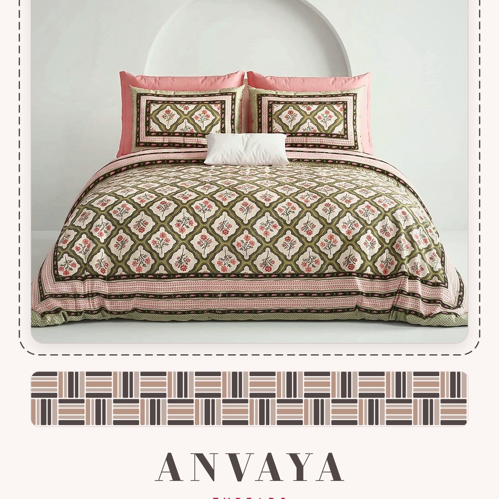Jharokha Jaal Mehndi bedsheet set, a flat sheet and two pillow covers, on a bed