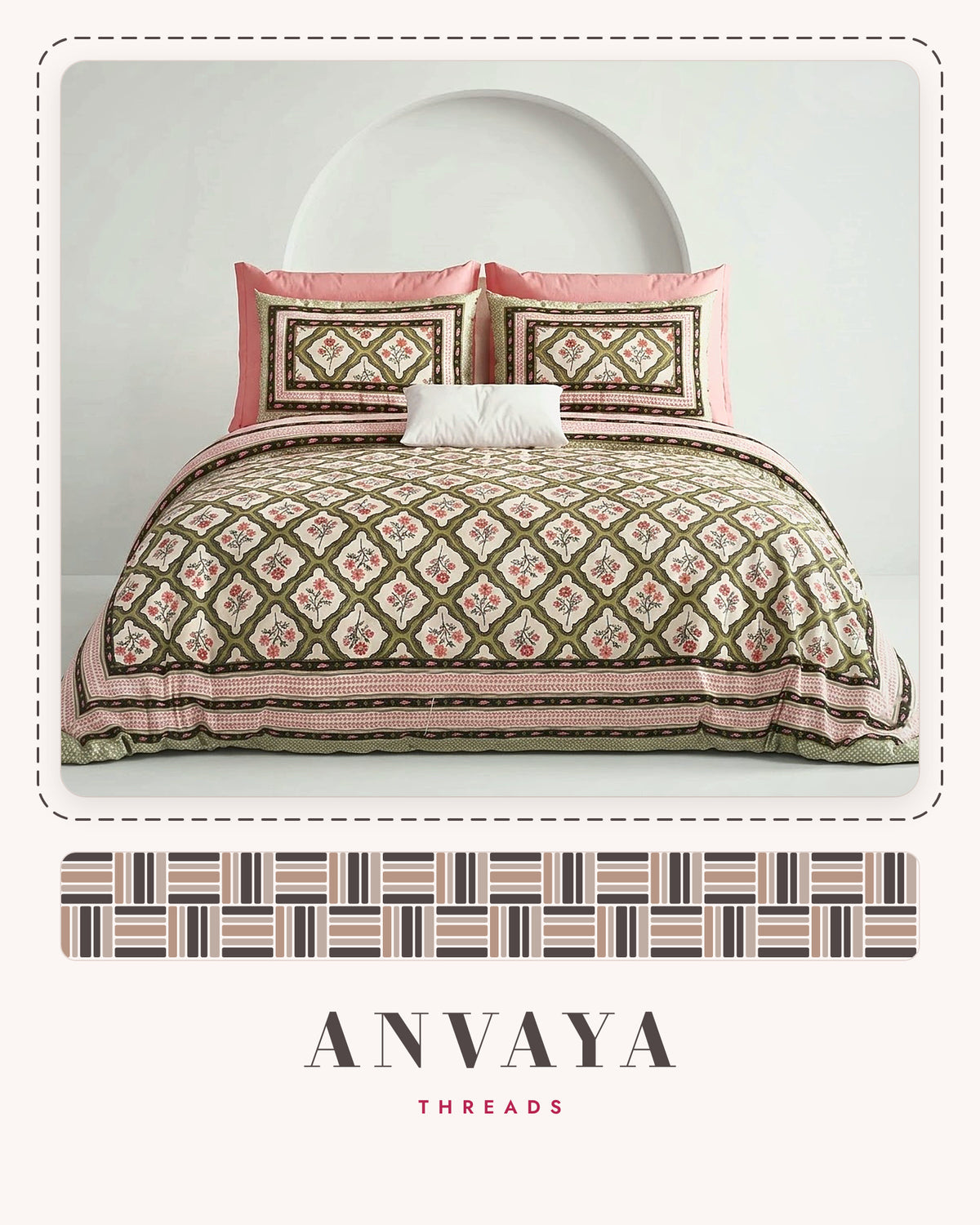 Jharokha Jaal Mehndi bedsheet set, a flat sheet and two pillow covers, on a bed