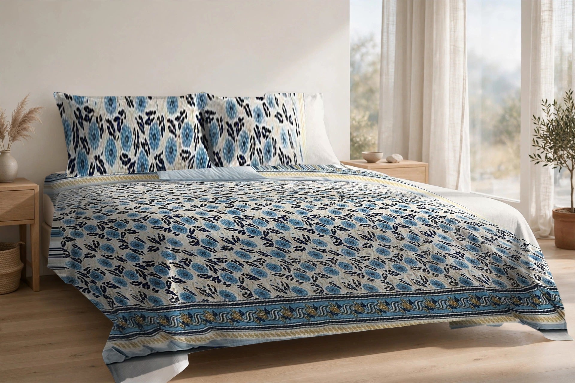 Phulwari Aasmani cotton bedsheet on a made king bed, with matching pillow covers