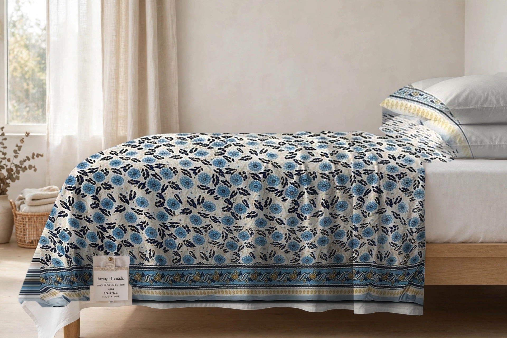 Phulwari Aasmani bedsheet seen from the side, falling over the edge of the bed