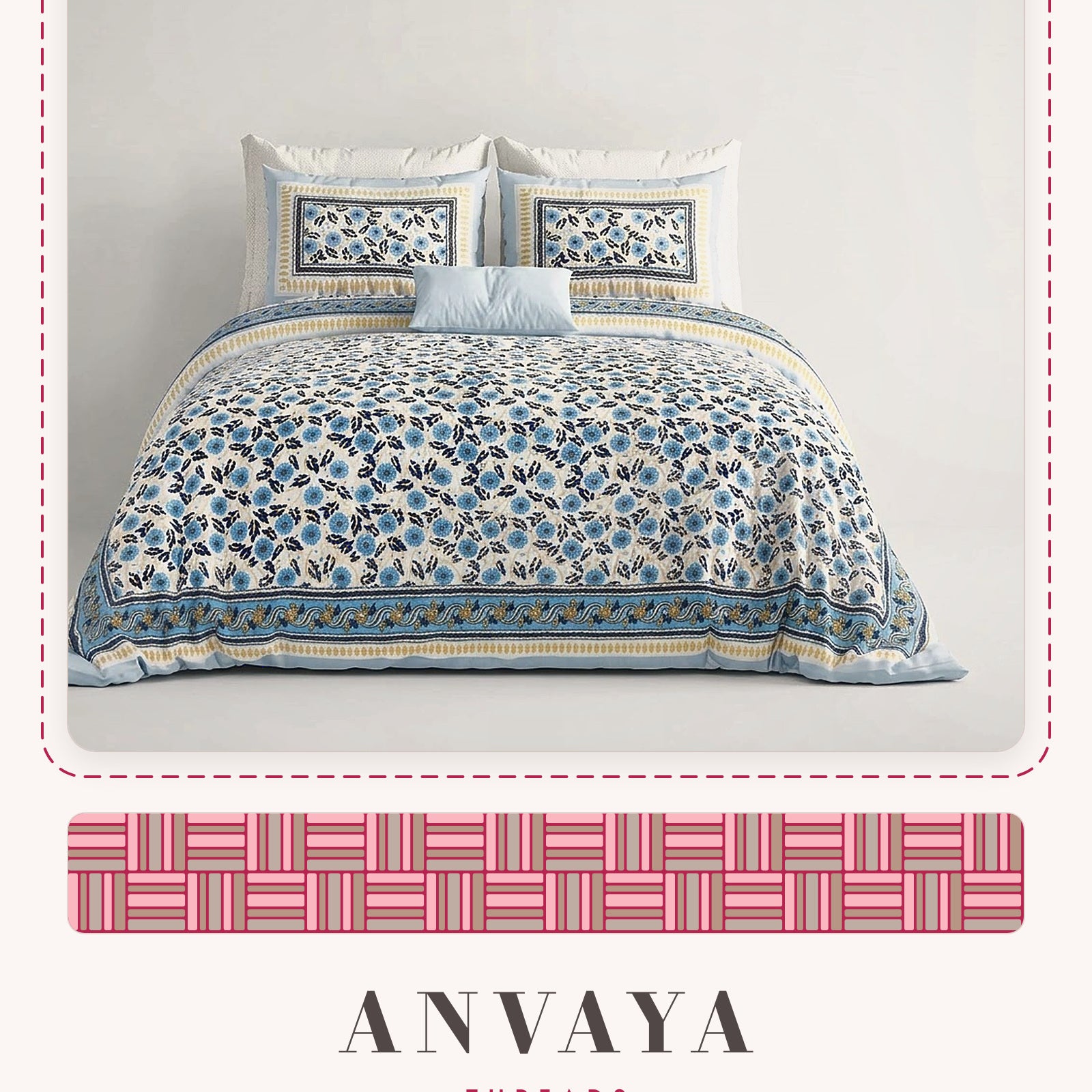 Phulwari Aasmani bedsheet set, a flat sheet and two pillow covers, on a bed