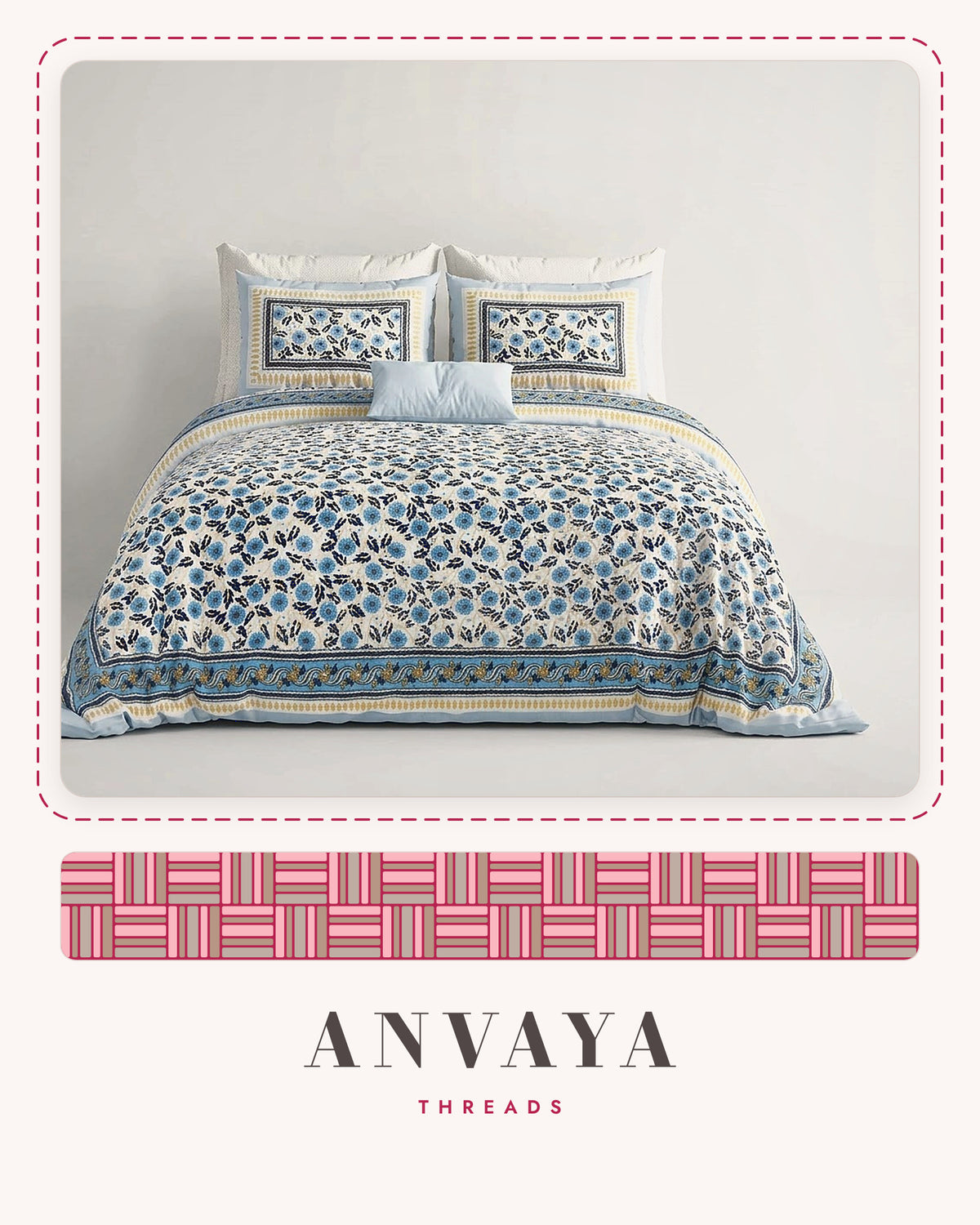 Phulwari Aasmani bedsheet set, a flat sheet and two pillow covers, on a bed