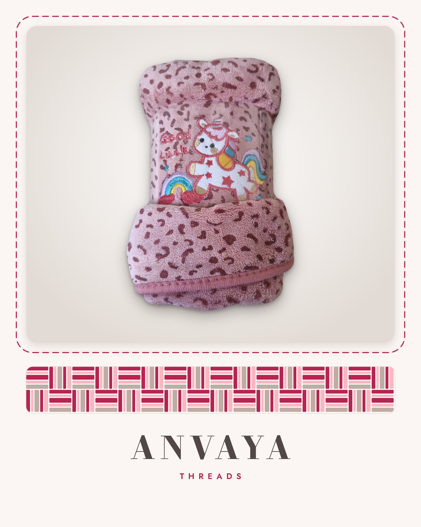 Rose Pink Leopard Unicorn kids' hand towel, rolled in a clear wrap with a unicorn patch
