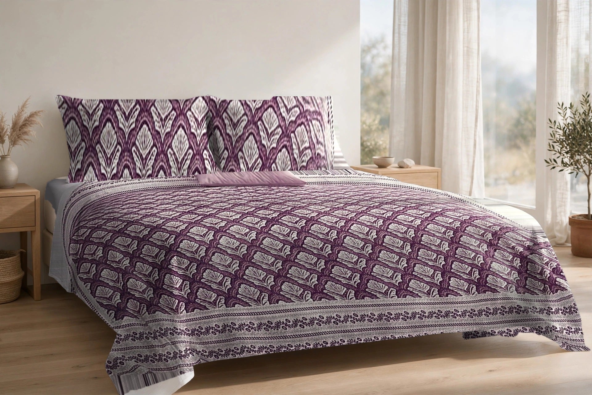 Chaupar Jaal Jamun cotton bedsheet on a made king bed, with matching pillow covers