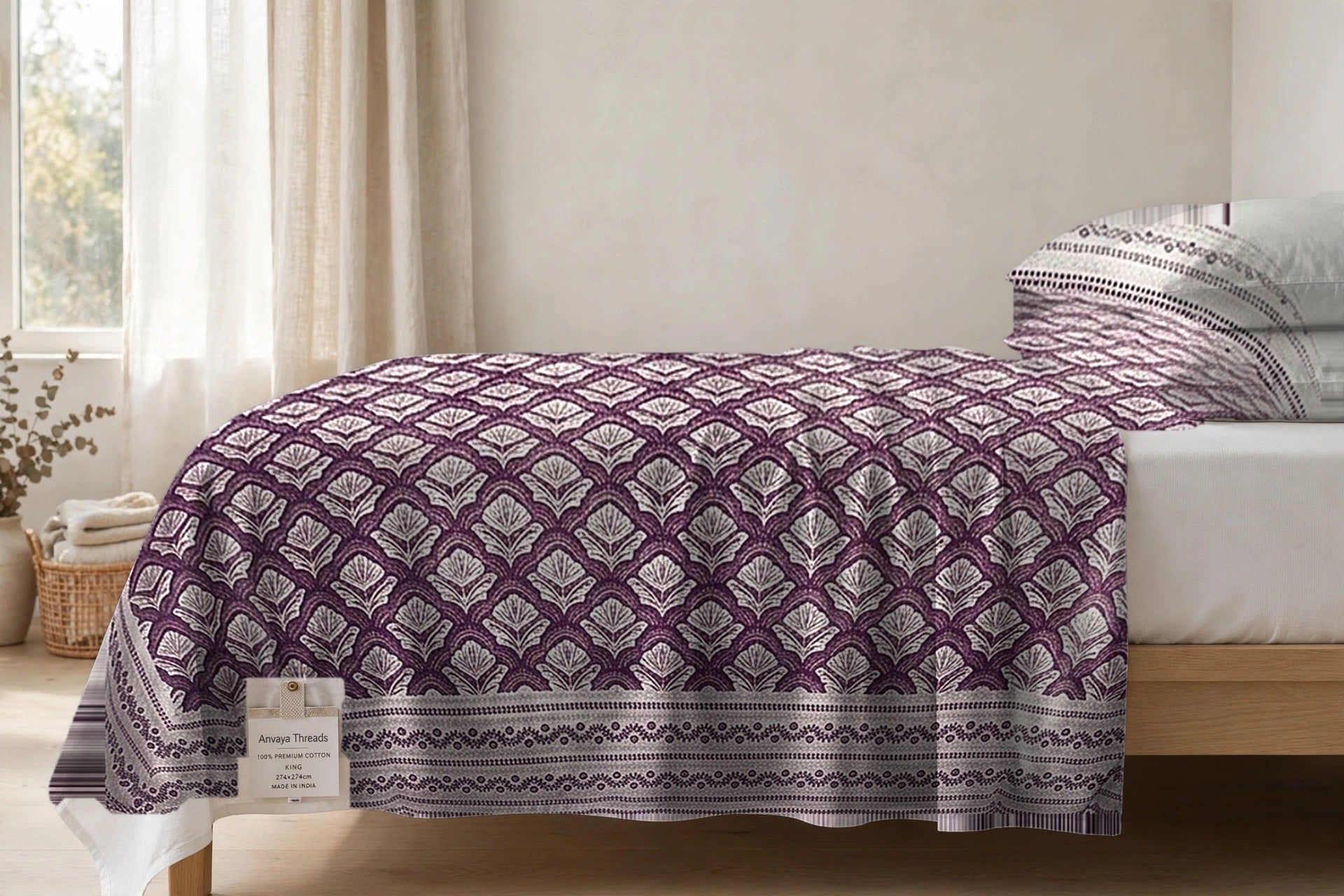 Chaupar Jaal Jamun bedsheet seen from the side, falling over the edge of the bed