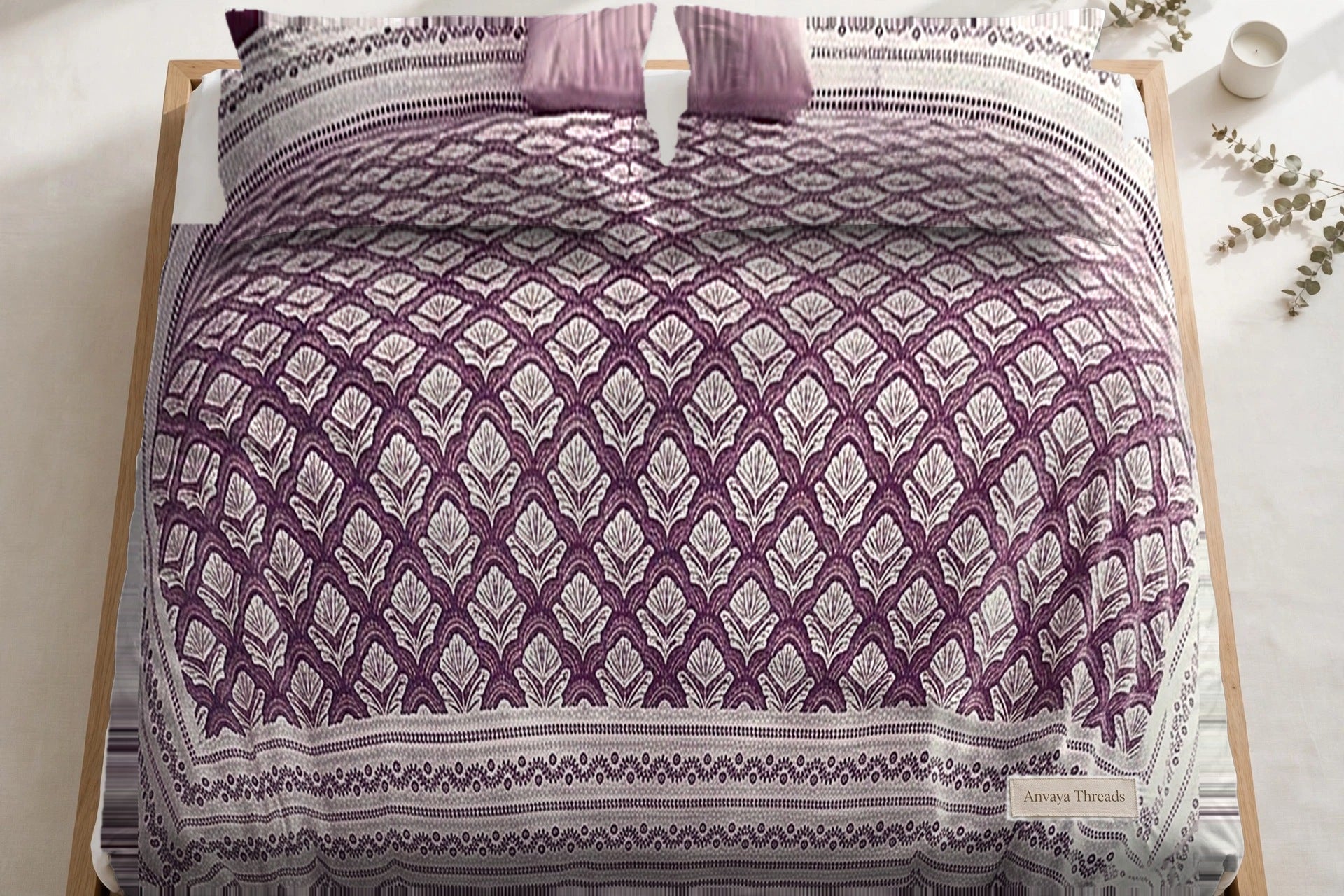 Chaupar Jaal Jamun bedsheet seen from above, with the pillow covers at the head of the bed