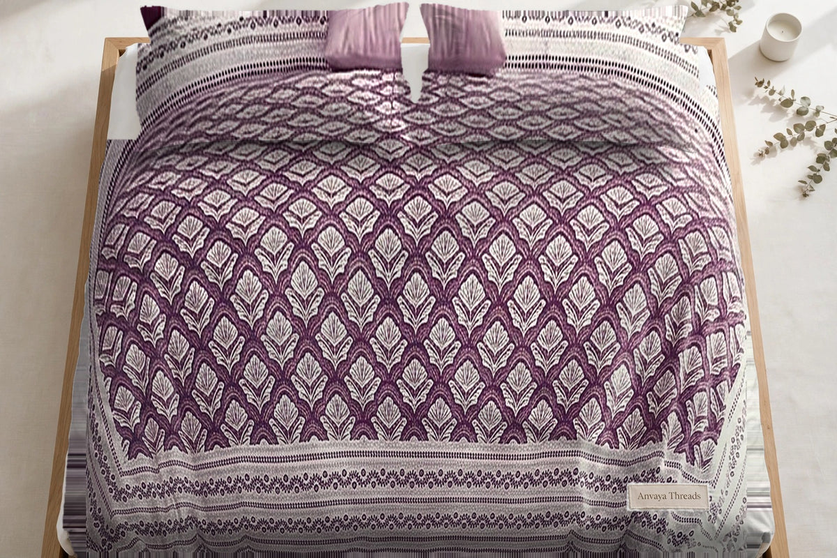Chaupar Jaal Jamun bedsheet seen from above, with the pillow covers at the head of the bed