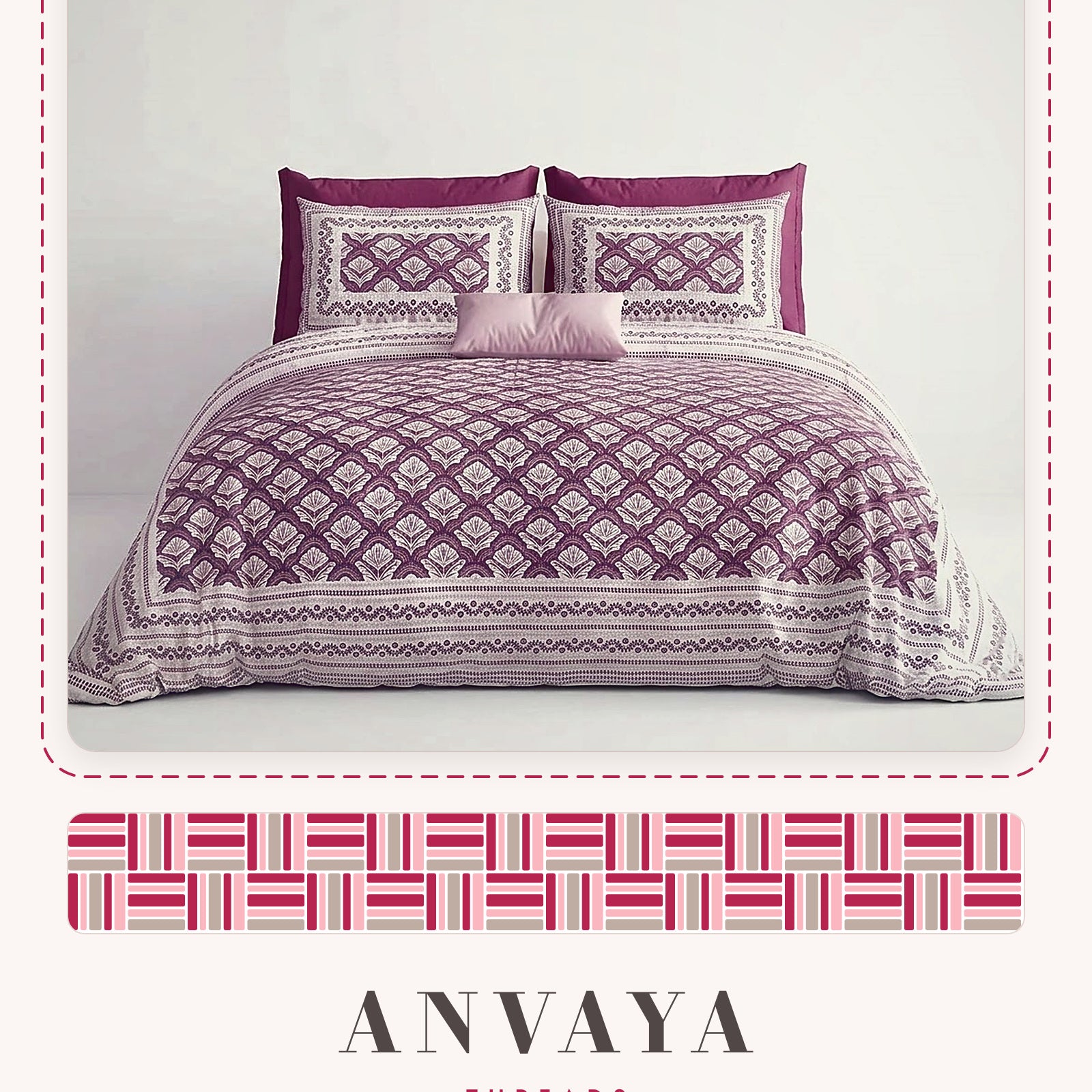 Chaupar Jaal Jamun bedsheet set, a flat sheet and two pillow covers, on a bed