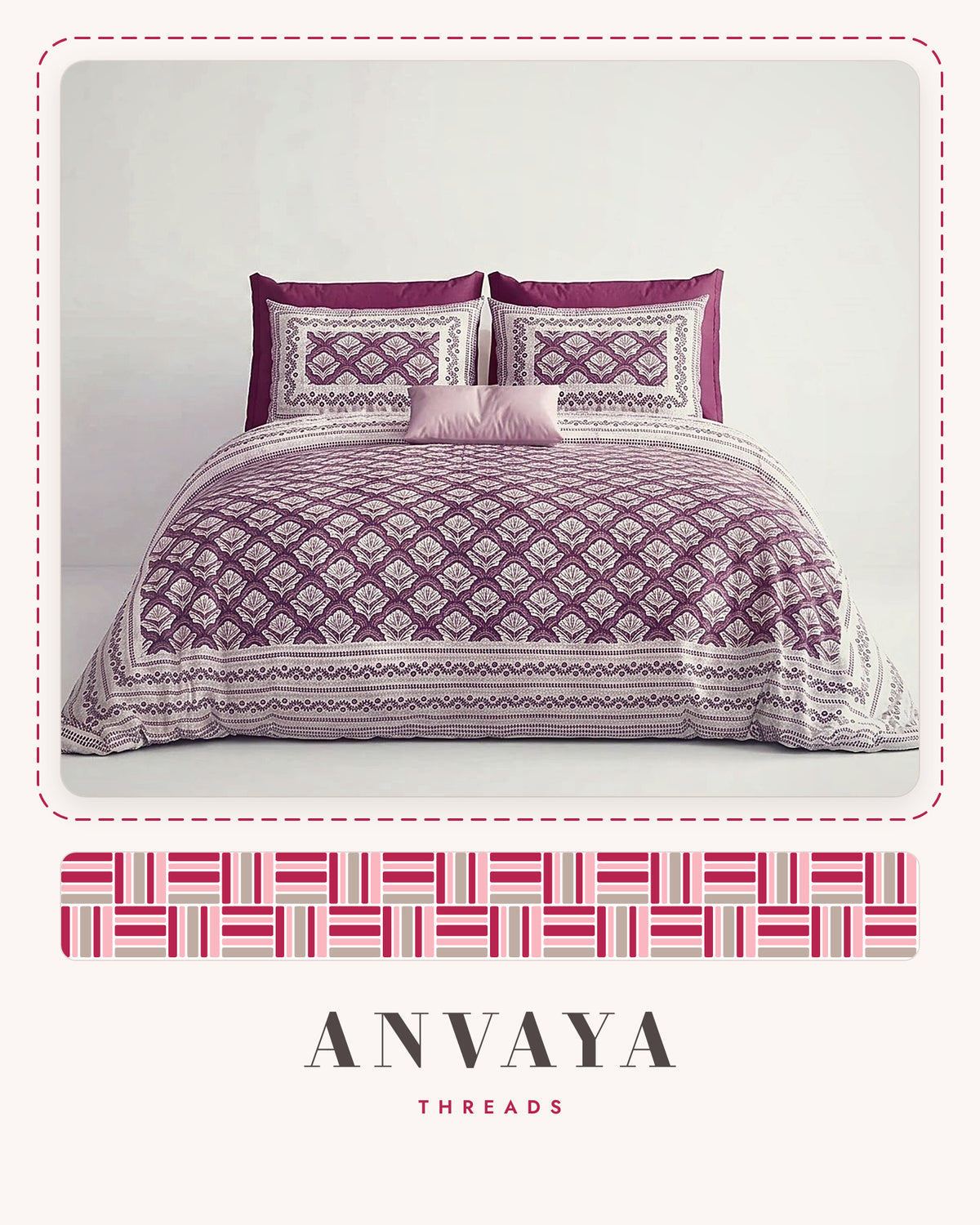 Chaupar Jaal Jamun bedsheet set, a flat sheet and two pillow covers, on a bed