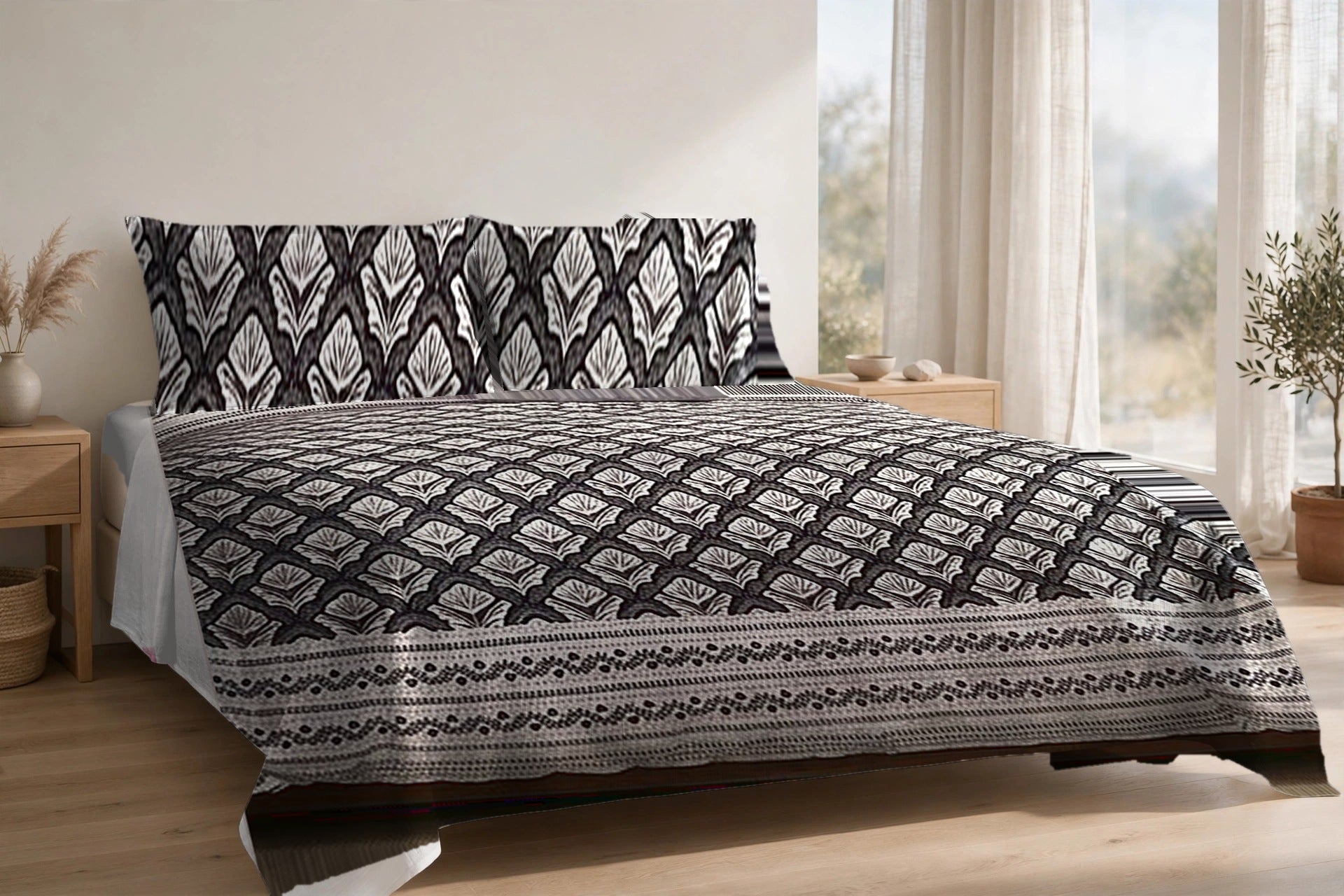 Chaupar Jaal Kajal cotton bedsheet on a made king bed, with matching pillow covers