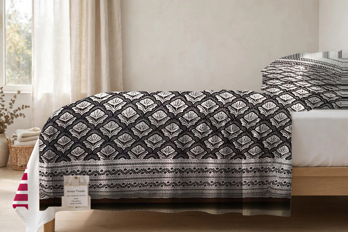 Chaupar Jaal Kajal bedsheet seen from the side, falling over the edge of the bed