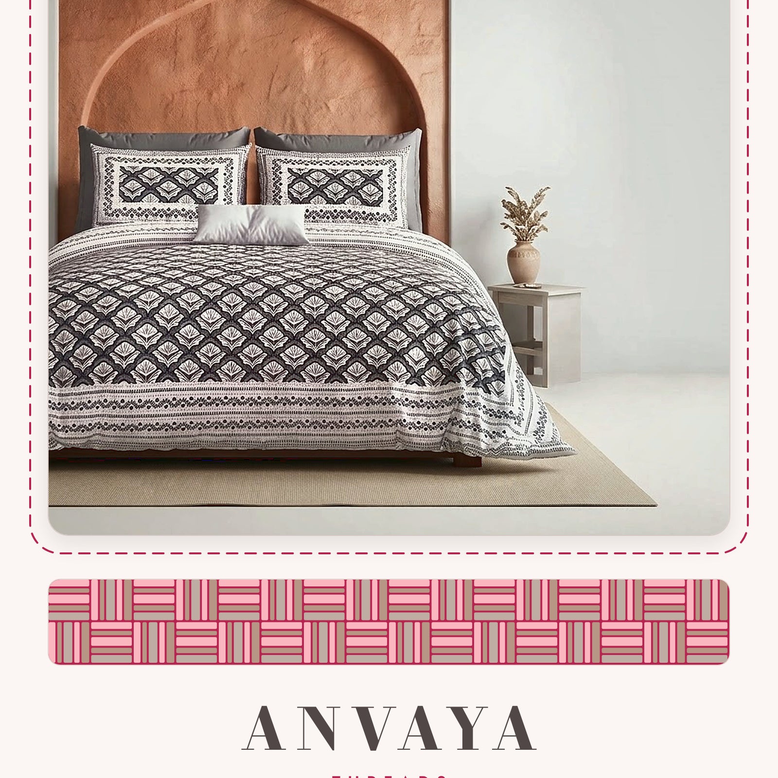 Chaupar Jaal Kajal bedsheet set, a flat sheet and two pillow covers, on a bed