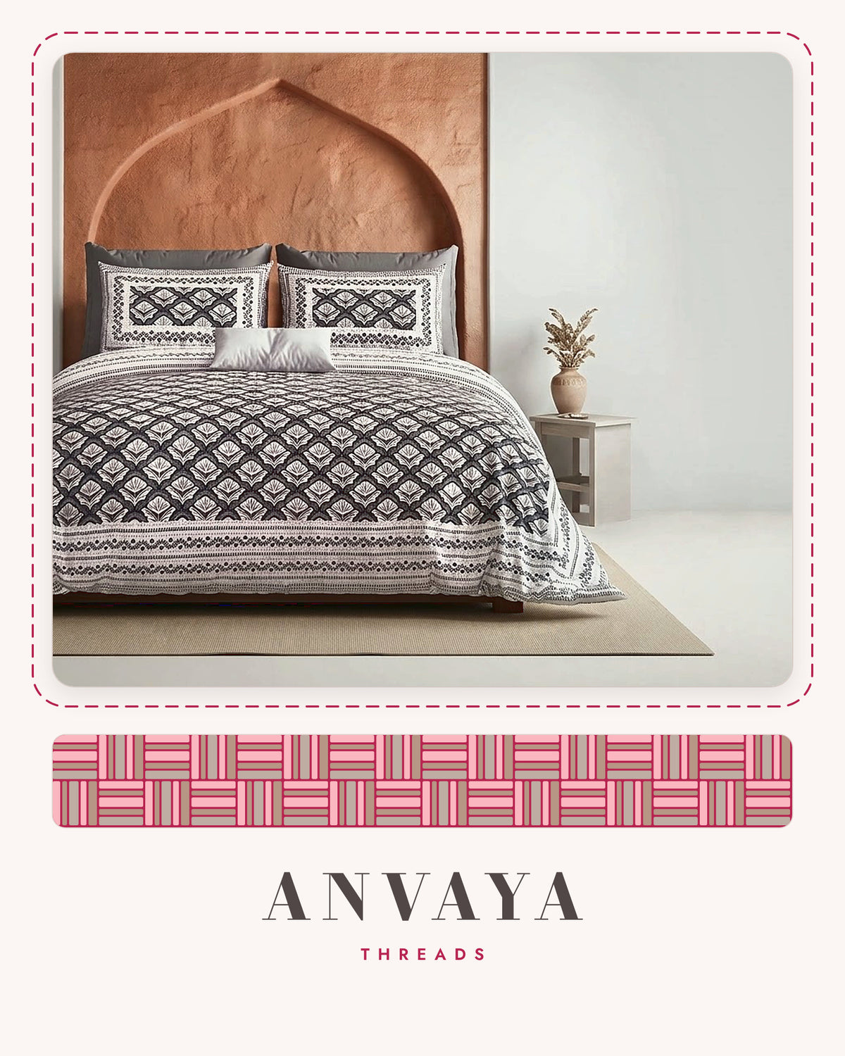 Chaupar Jaal Kajal bedsheet set, a flat sheet and two pillow covers, on a bed