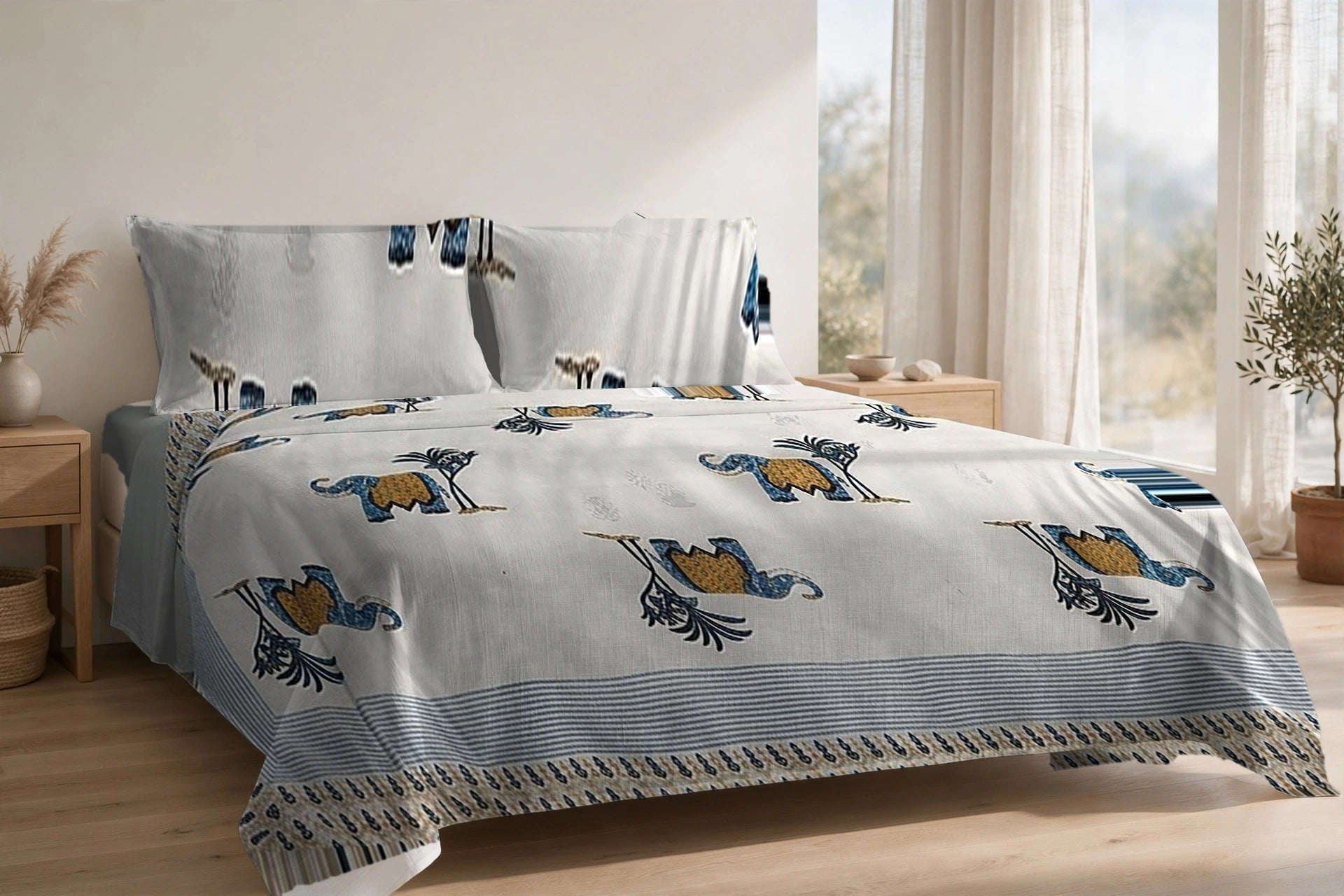 Hathi Sawari Neel cotton bedsheet on a made king bed, with matching pillow covers