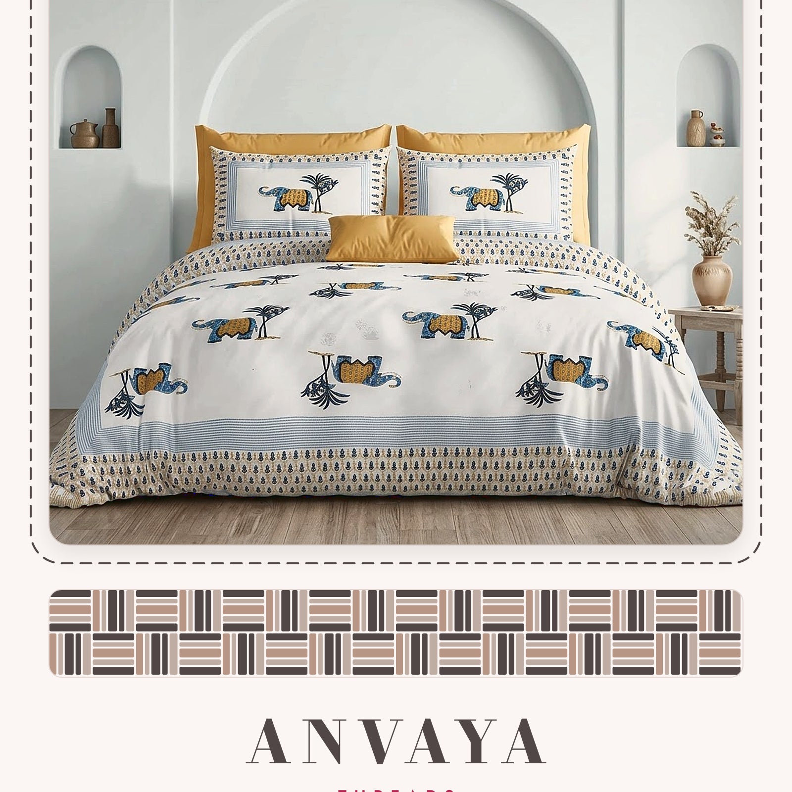 Hathi Sawari Neel bedsheet set, a flat sheet and two pillow covers, on a bed