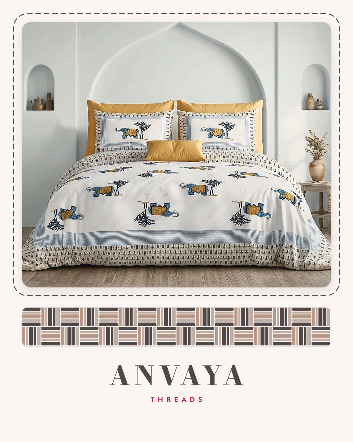 Hathi Sawari Neel bedsheet set, a flat sheet and two pillow covers, on a bed
