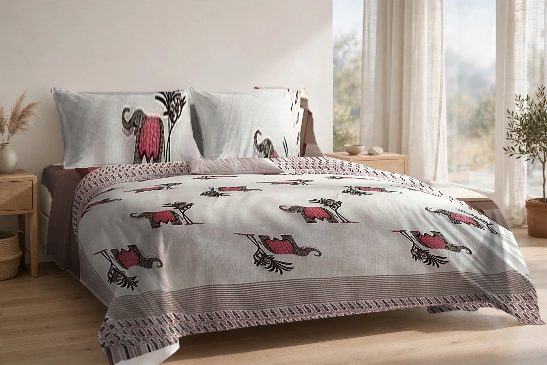 Hathi Sawari Gulab cotton bedsheet on a made king bed, with matching pillow covers