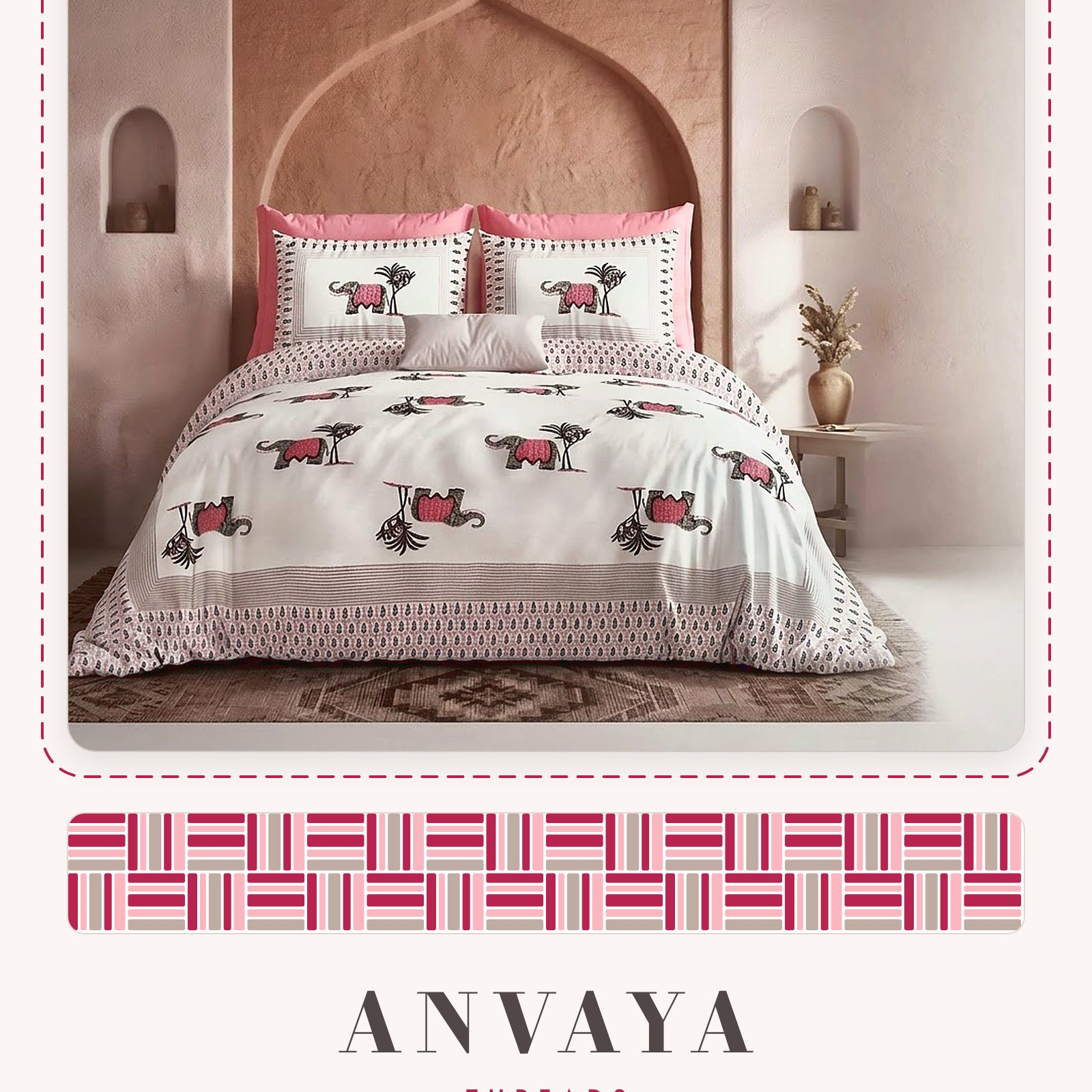 Hathi Sawari Gulab bedsheet set, a flat sheet and two pillow covers, on a bed